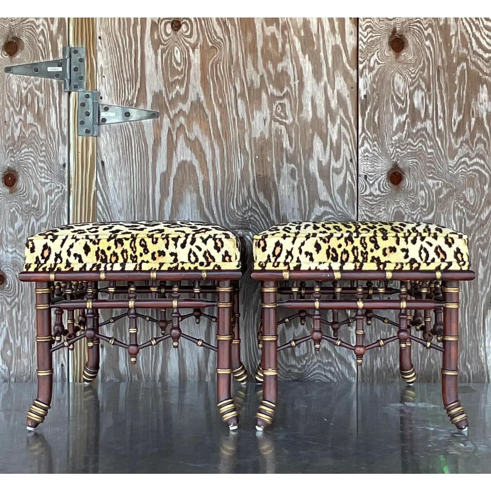 Upholstery Vintage Regency Fretwork Leopard Stools