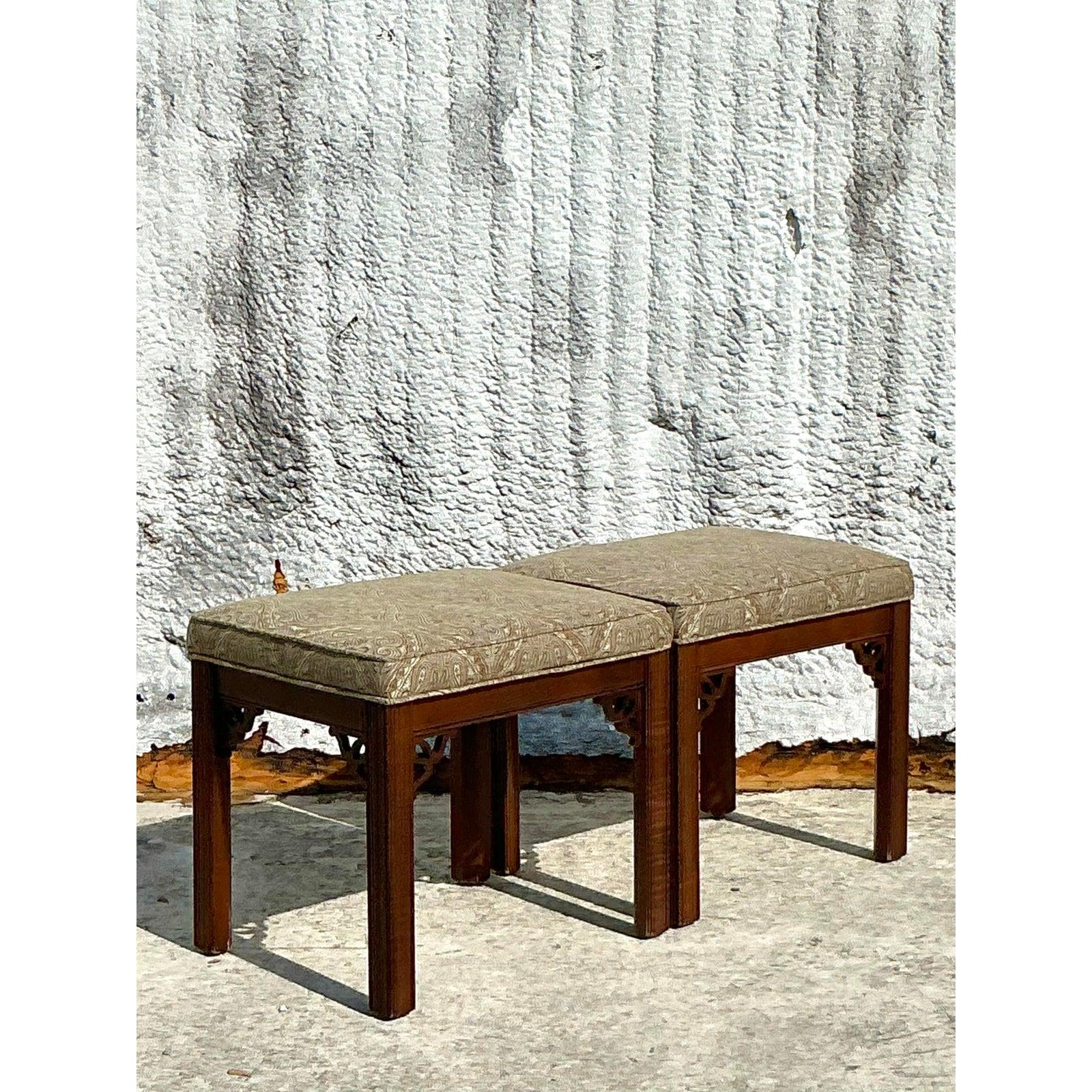 20th Century Vintage Regency Fretwork Low Stools - a Pair For Sale