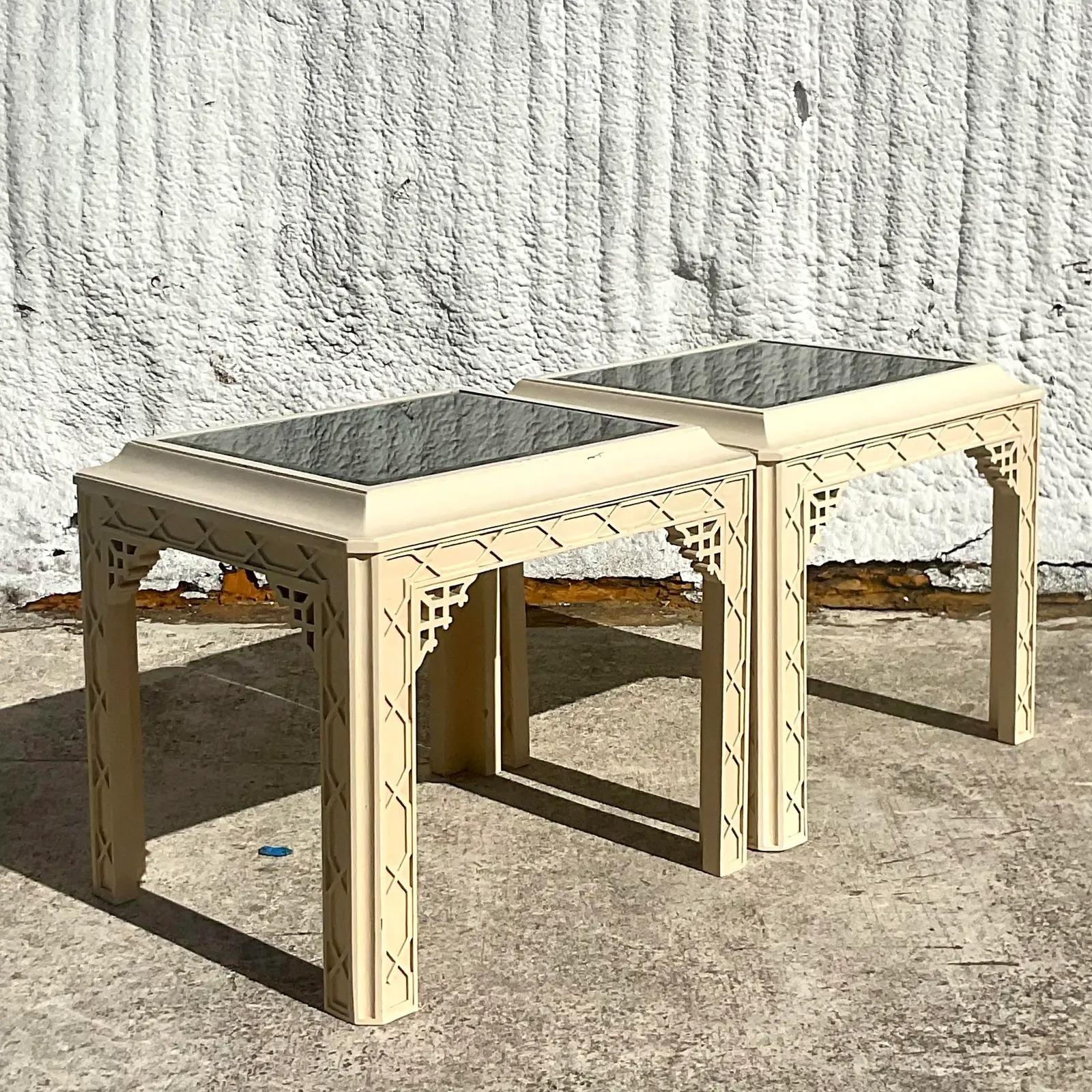 Vintage Regency Fretwork Side Tables - a Pair In Good Condition For Sale In west palm beach, FL