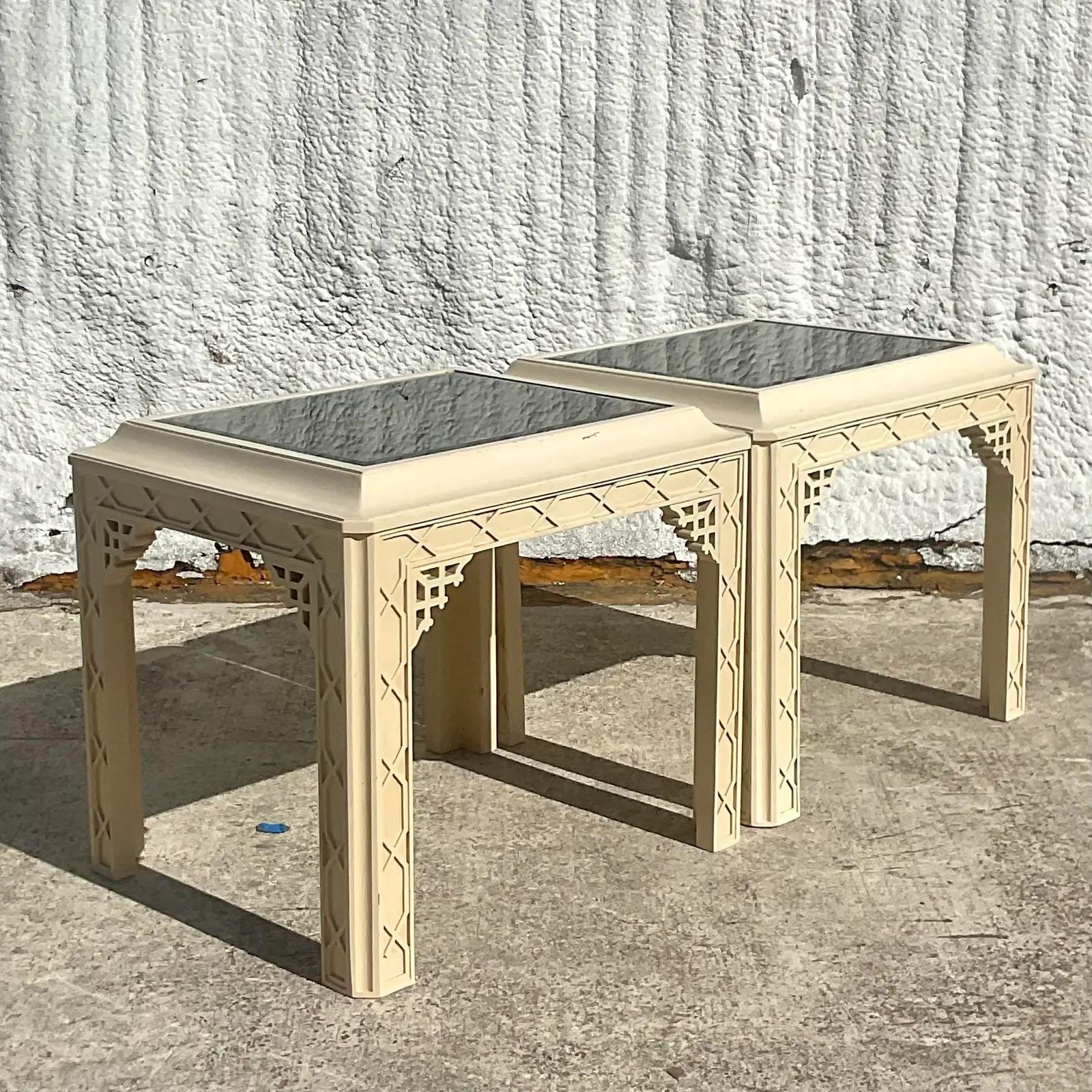 20th Century Vintage Regency Fretwork Side Tables - a Pair For Sale