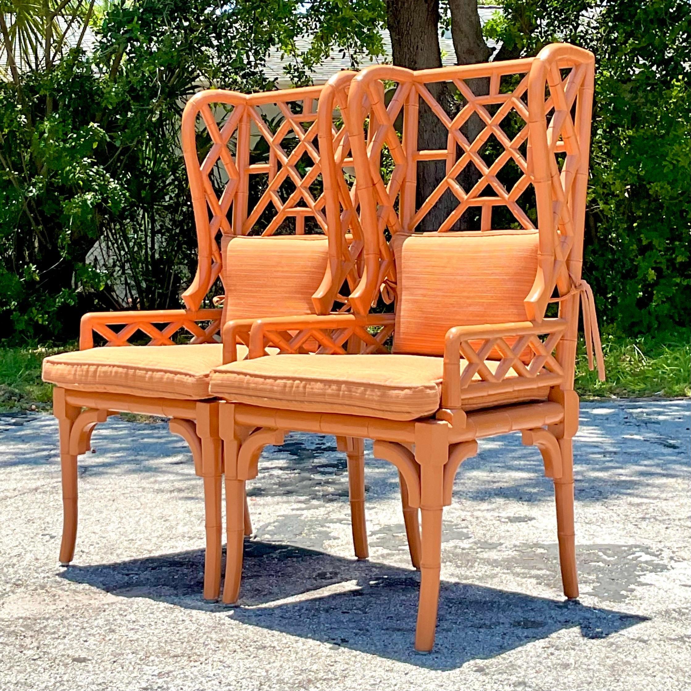 Vintage Regency Fretwork Wingback Rattan Chairs - a Pair 5