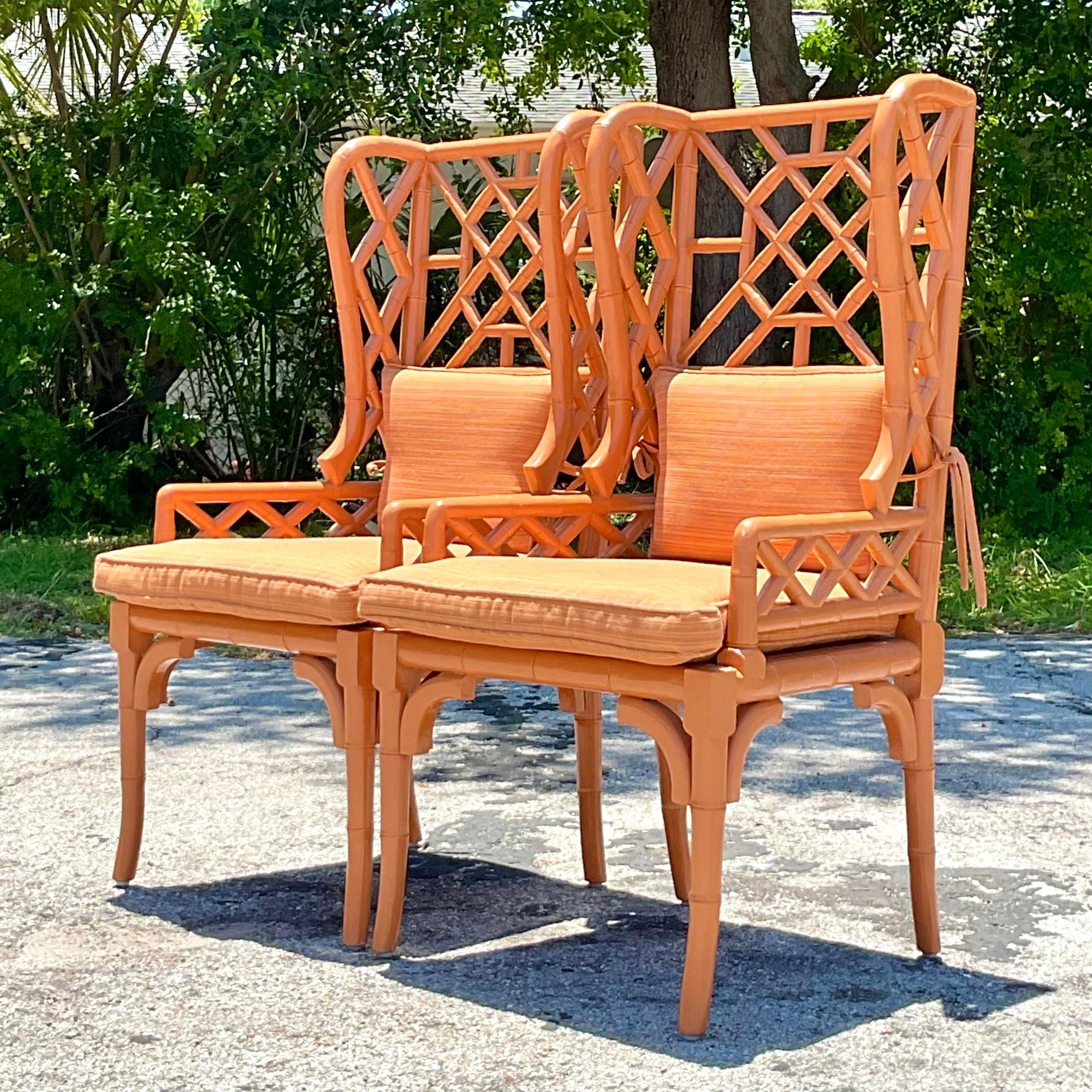 Vintage Regency Fretwork Wingback Rattan Chairs - a Pair 6