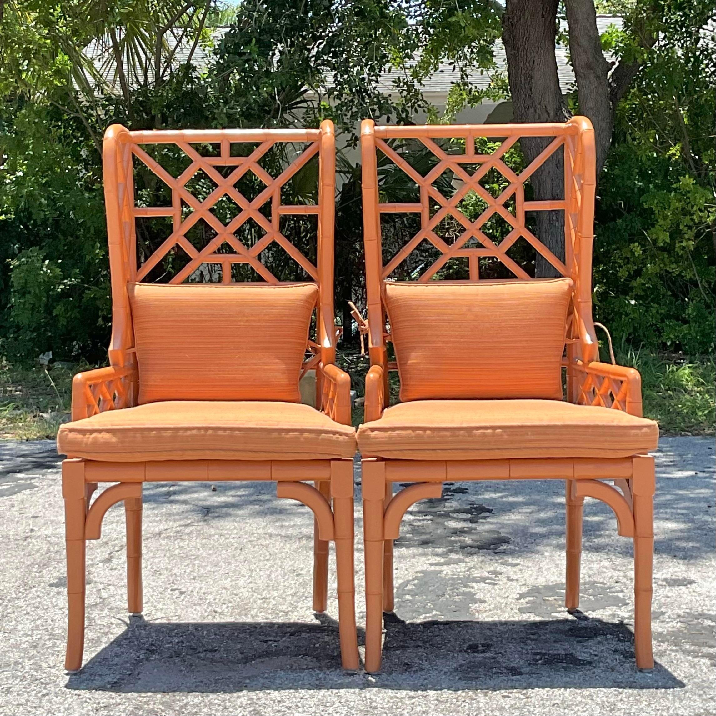 Vintage Regency Fretwork Wingback Rattan Chairs - a Pair In Good Condition In West Palm Beach, FL