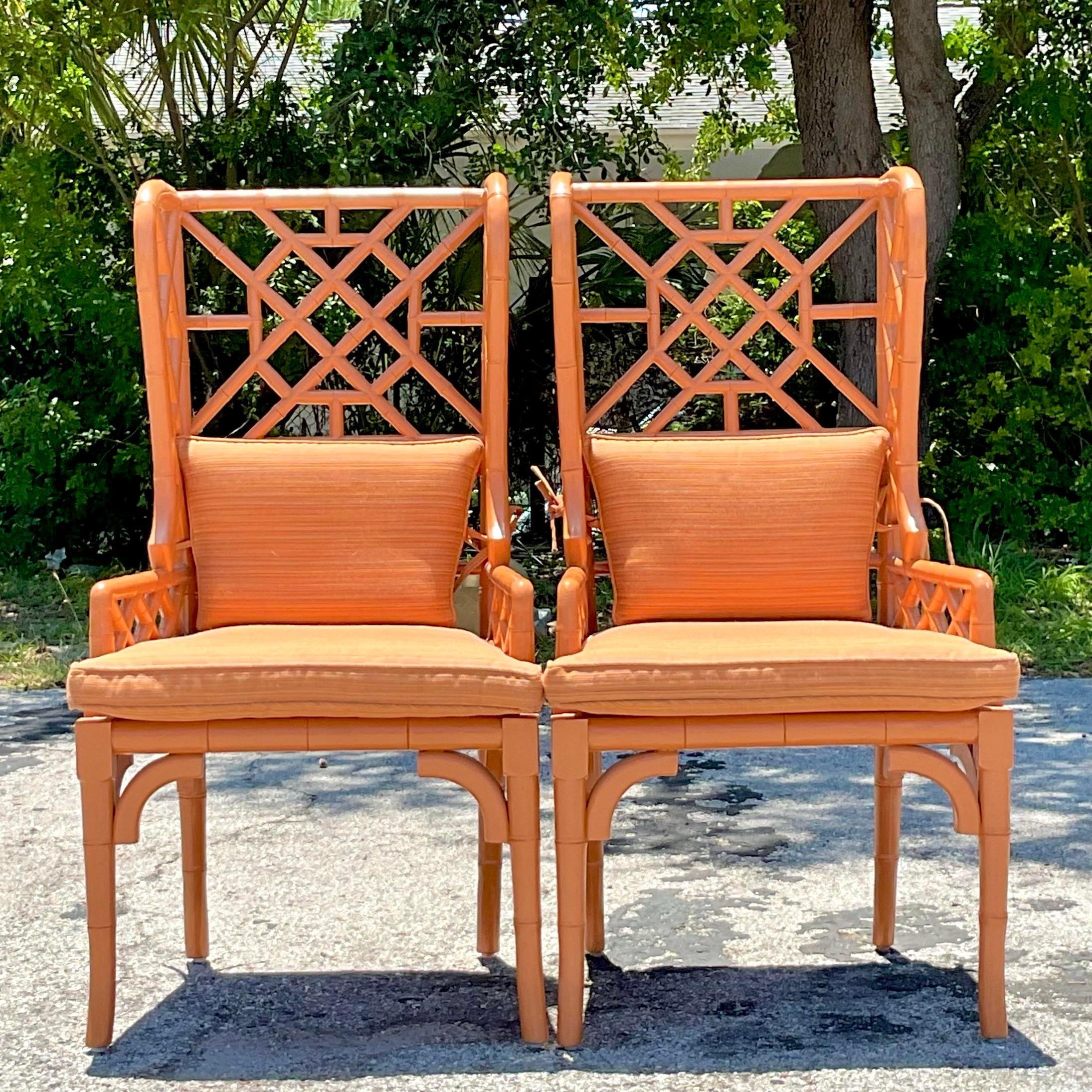 20th Century Vintage Regency Fretwork Wingback Rattan Chairs - a Pair