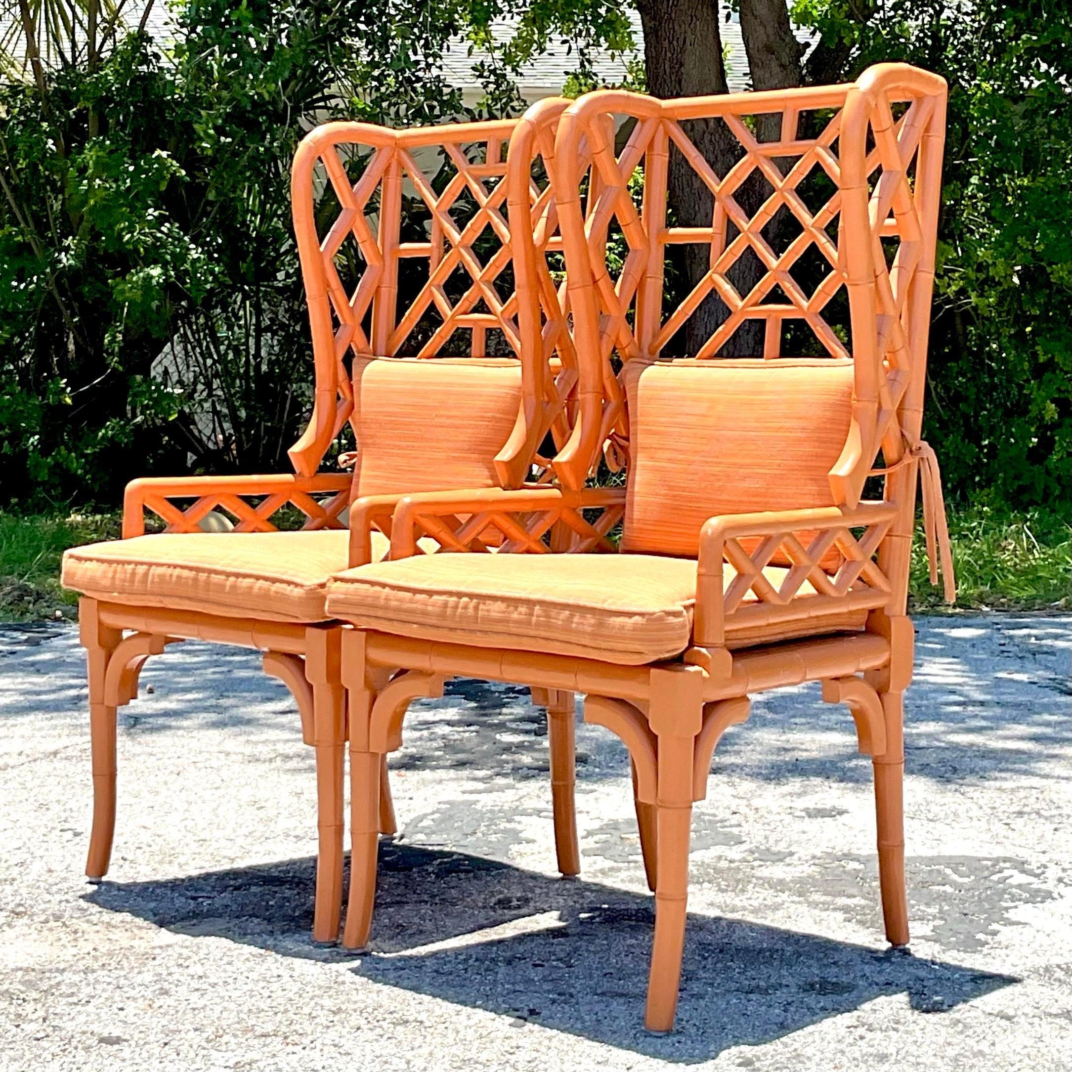 Upholstery Vintage Regency Fretwork Wingback Rattan Chairs - a Pair