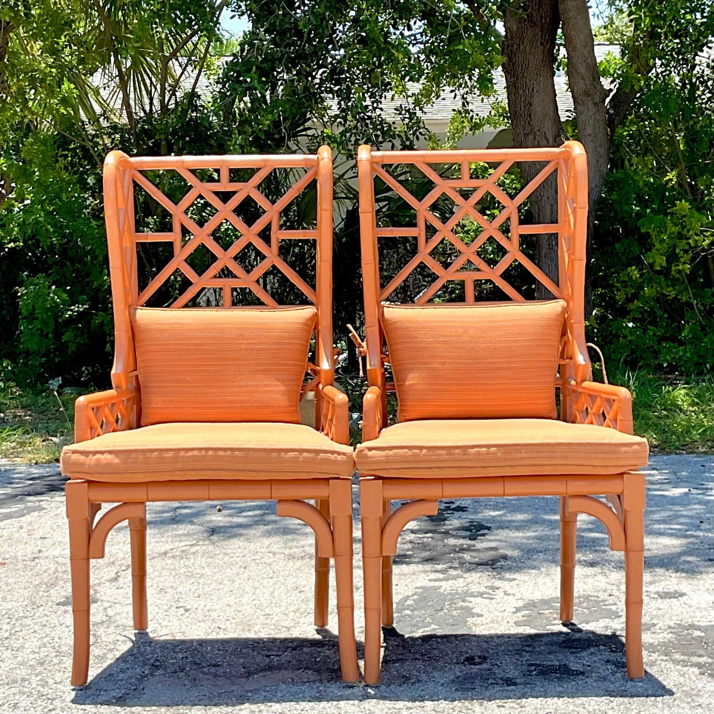 Vintage Regency Fretwork Wingback Rattan Chairs - a Pair 1