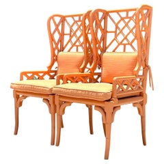 Vintage Regency Fretwork Wingback Rattan Chairs - a Pair