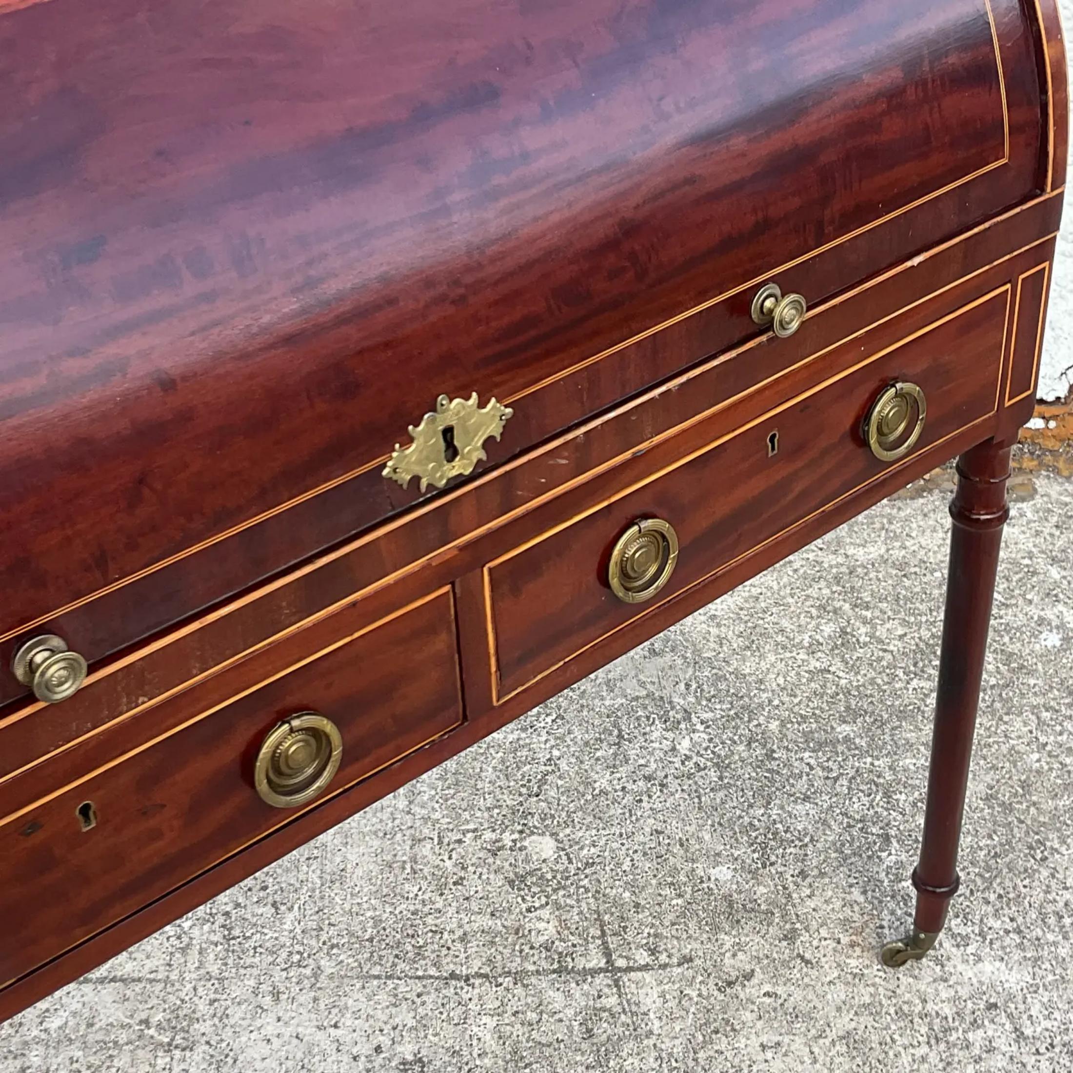 Vintage Regency George III Mahogany Roll Top Writing Desk In Good Condition For Sale In west palm beach, FL