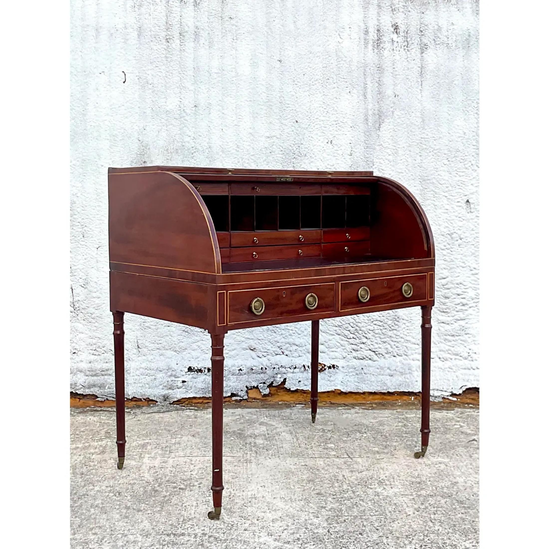 Leather Vintage Regency George III Mahogany Roll Top Writing Desk For Sale