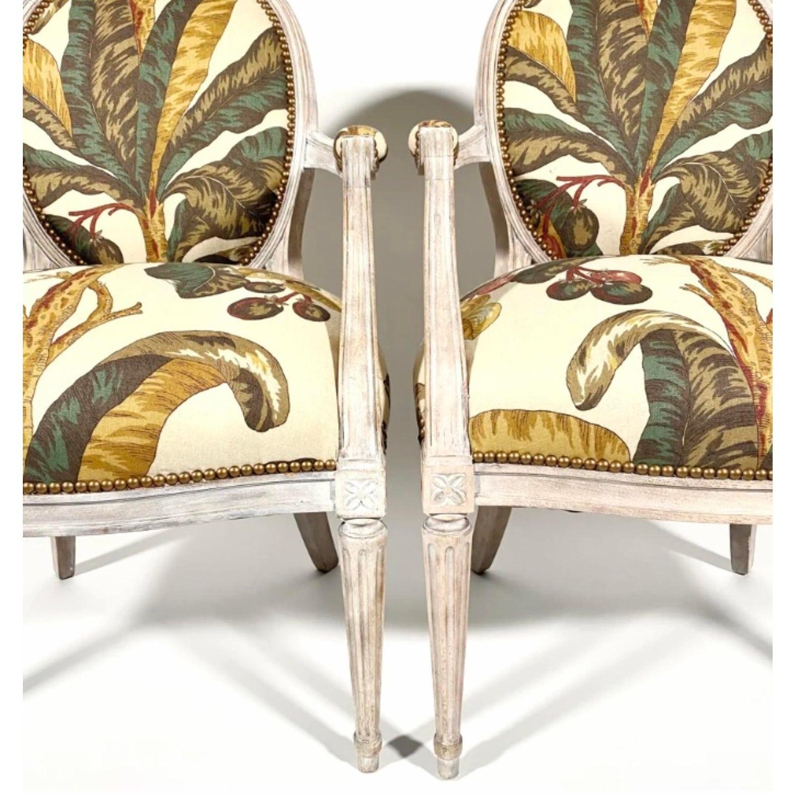 Vintage Regency George III Style Bergere Chairs in Schumacher “Blair House”  In Good Condition In west palm beach, FL