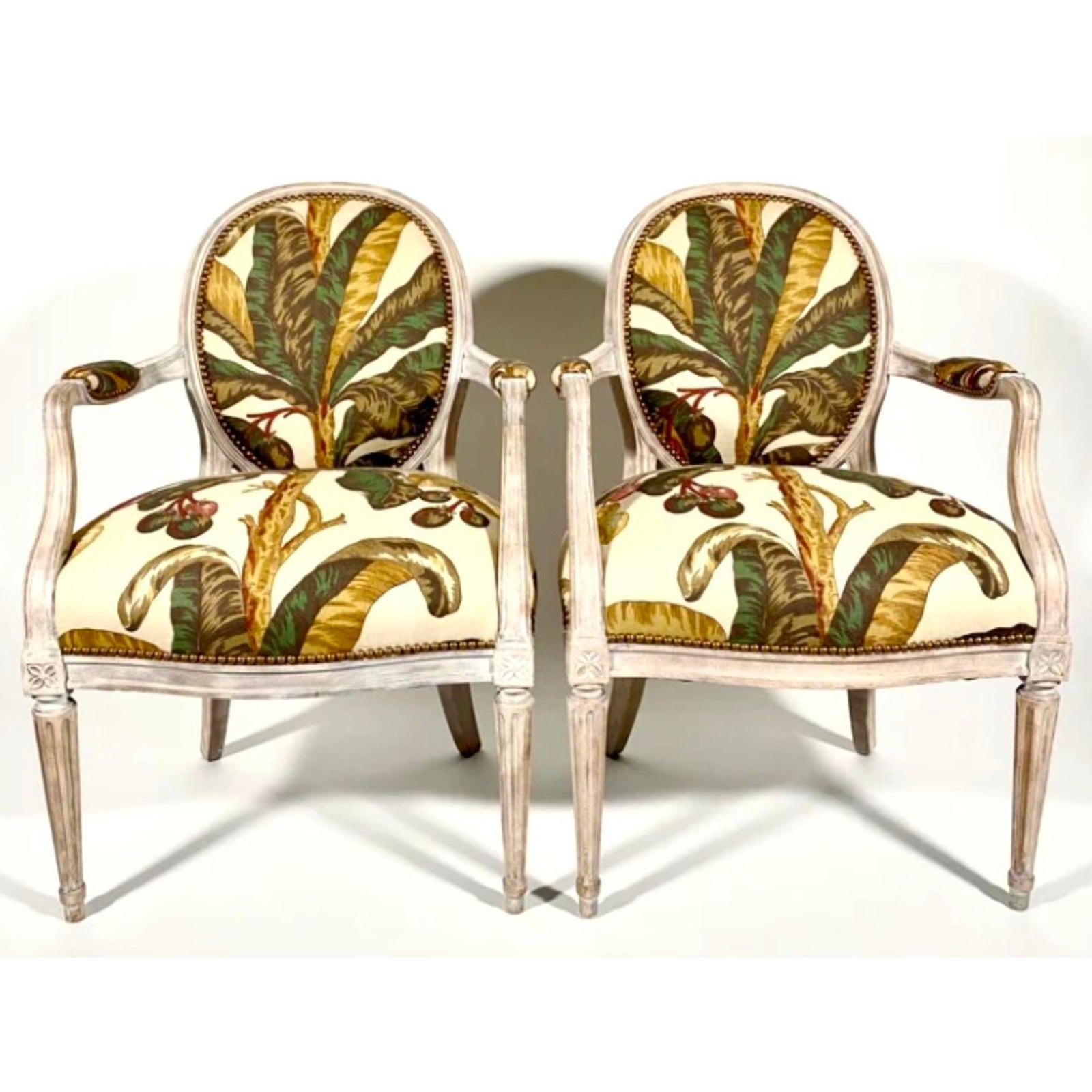 Upholstery Vintage Regency George III Style Bergere Chairs in Schumacher “Blair House” 