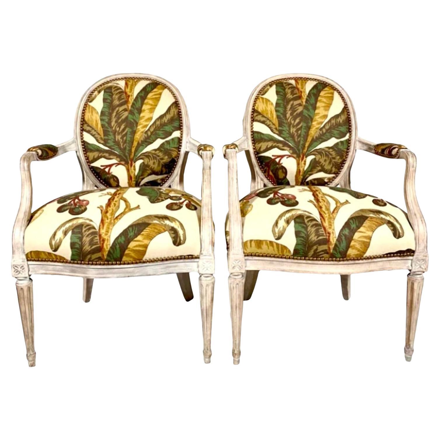Vintage Regency George III Style Bergere Chairs in Schumacher “Blair House” 