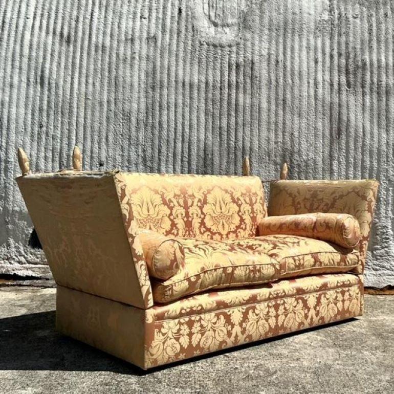 Introducing a stunning Vintage Regency George Smith Knole Sofa—crafted to make a statement in any room. This timeless piece features luxurious upholstery, elegant deep-button tufting, and signature adjustable arms, embodying the grandeur of Regency