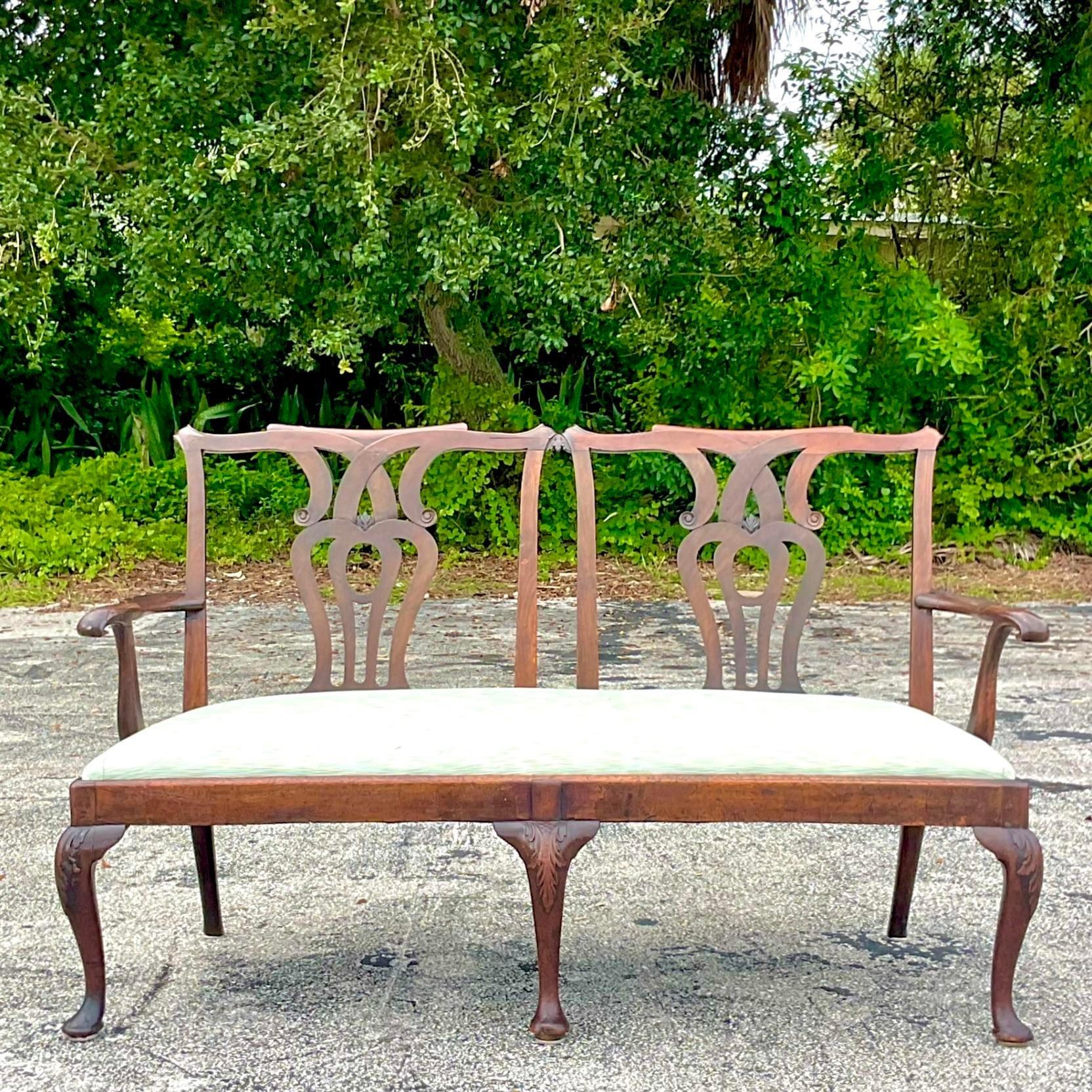 Upholstery Vintage Regency Georgian Carved Wood Settee For Sale