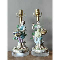 Vintage Regency German Dresden Porcelain Figure Lamps - A Pair