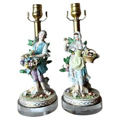 Vintage Regency German Dresden Porcelain Figure Lamps - A Pair