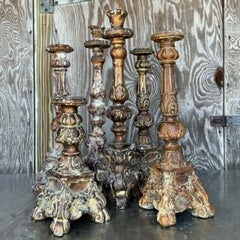 Candelieri da altare vintage in gesso su legno - Set di 6