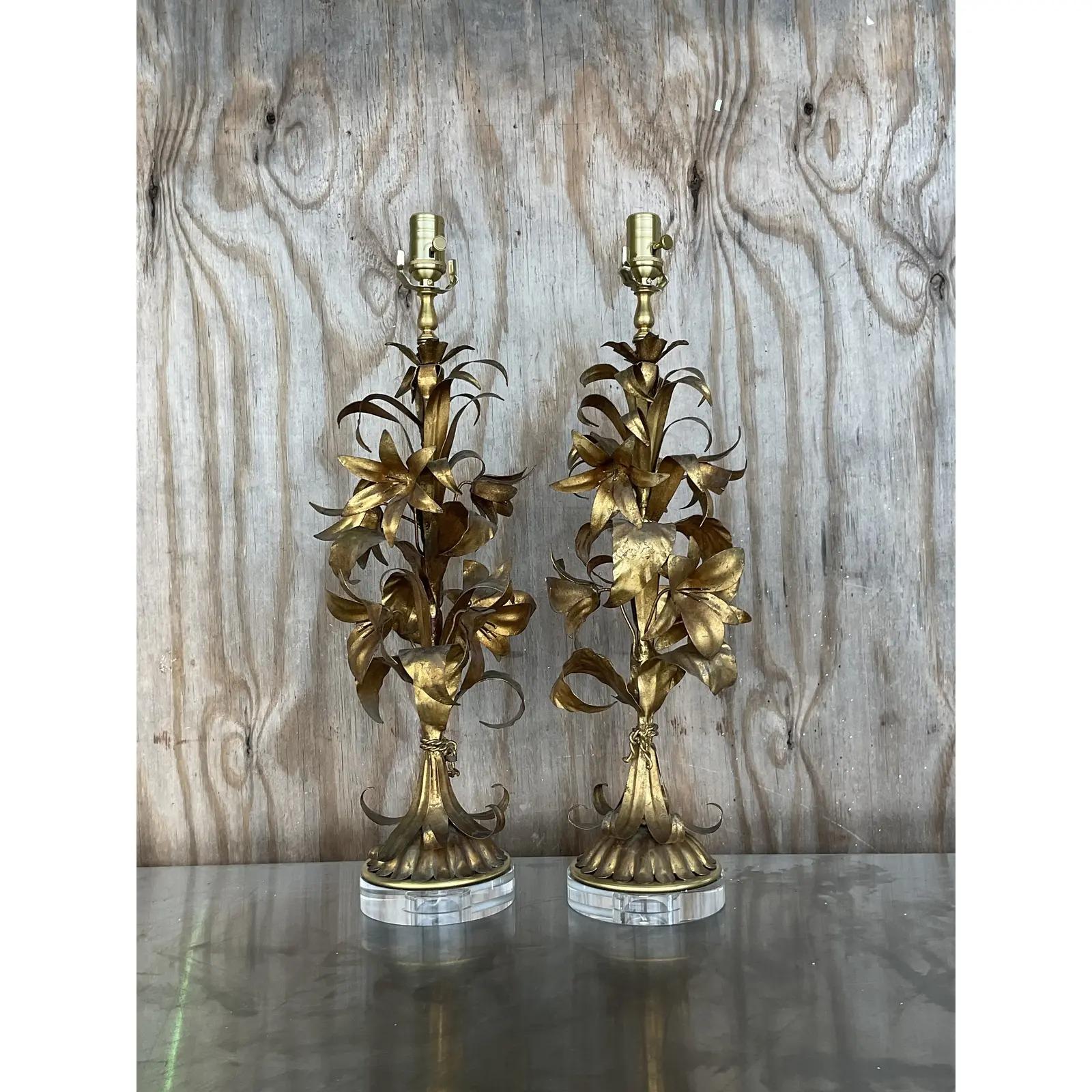 20th Century Vintage Regency Gile Lilies Table Lamps, a Pair