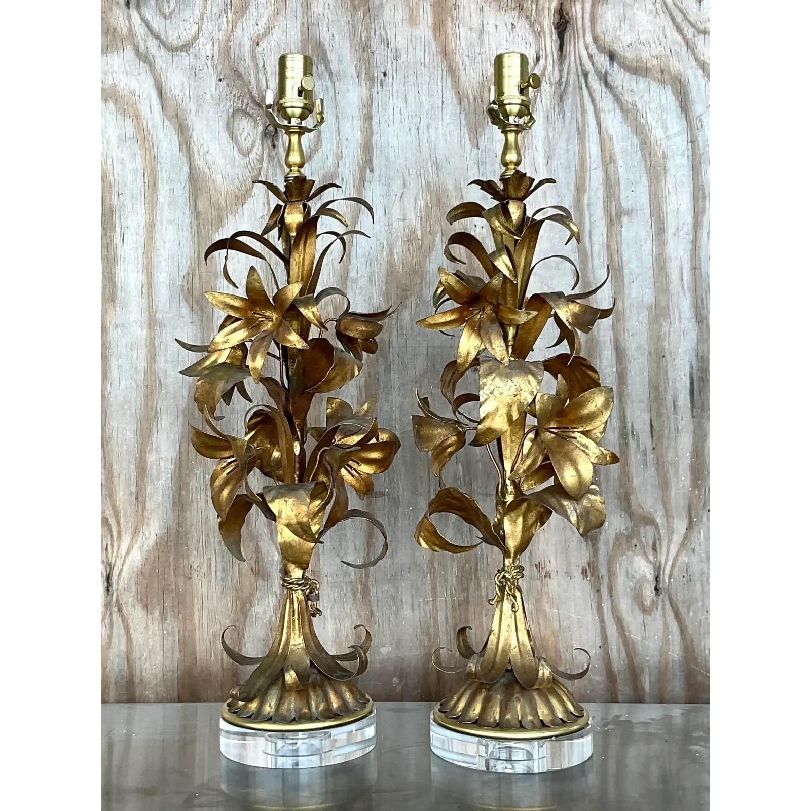 Lucite Vintage Regency Gile Lilies Table Lamps, a Pair