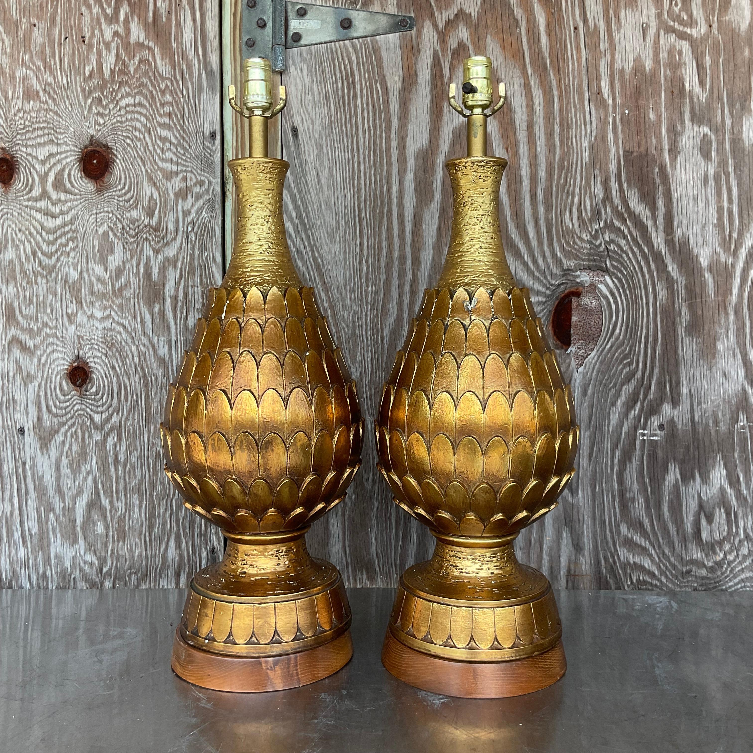 20th Century Vintage Regency Gilt Artichoke Lamps - a Pair