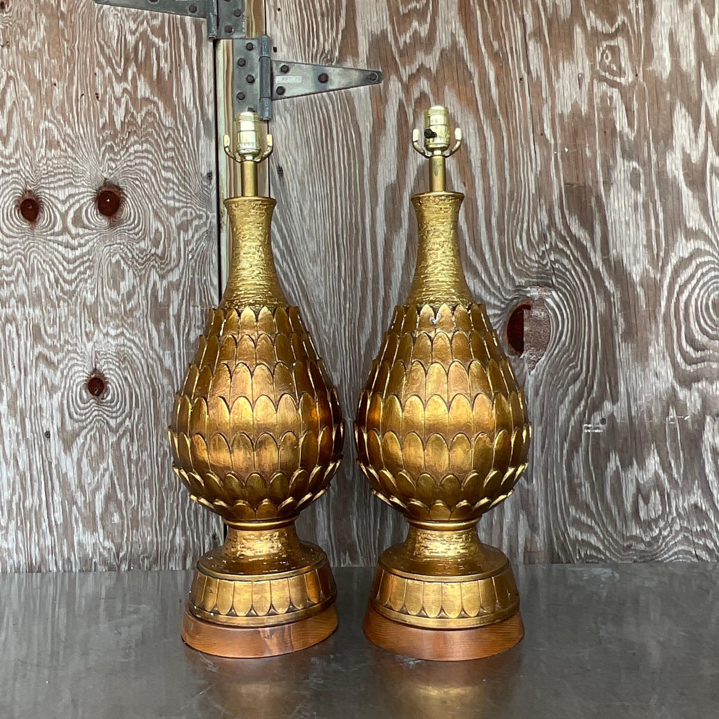 Wood Vintage Regency Gilt Artichoke Lamps - a Pair