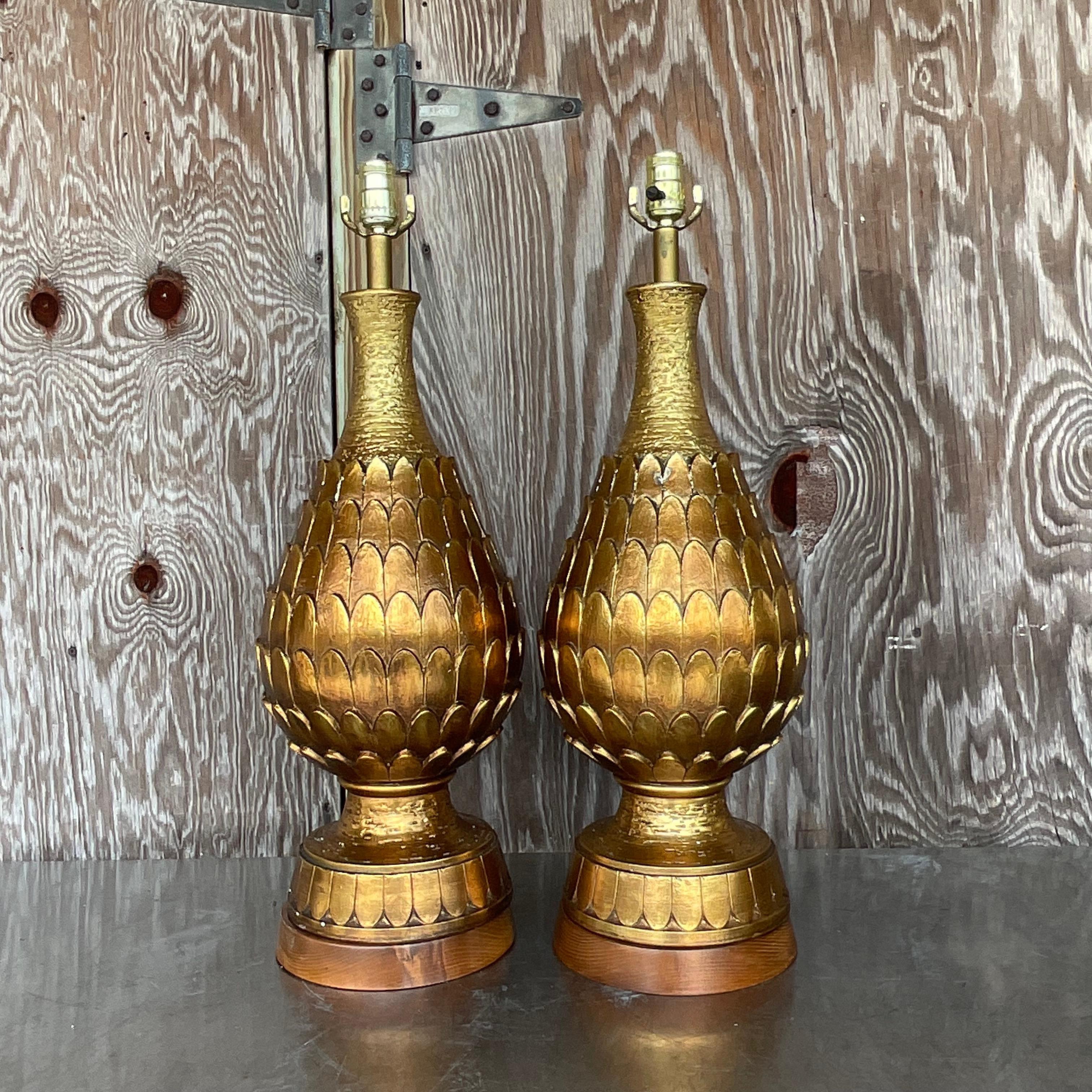Vintage Regency Gilt Artichoke Lamps - a Pair 1