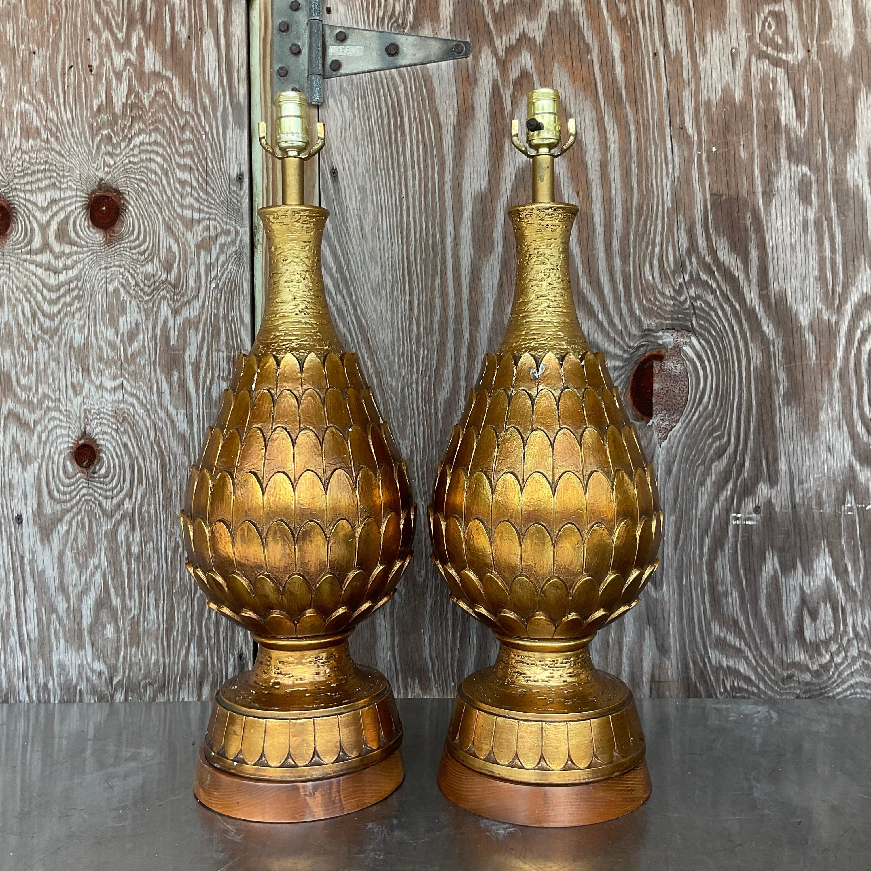 Vintage Regency Gilt Artichoke Lamps - a Pair 2