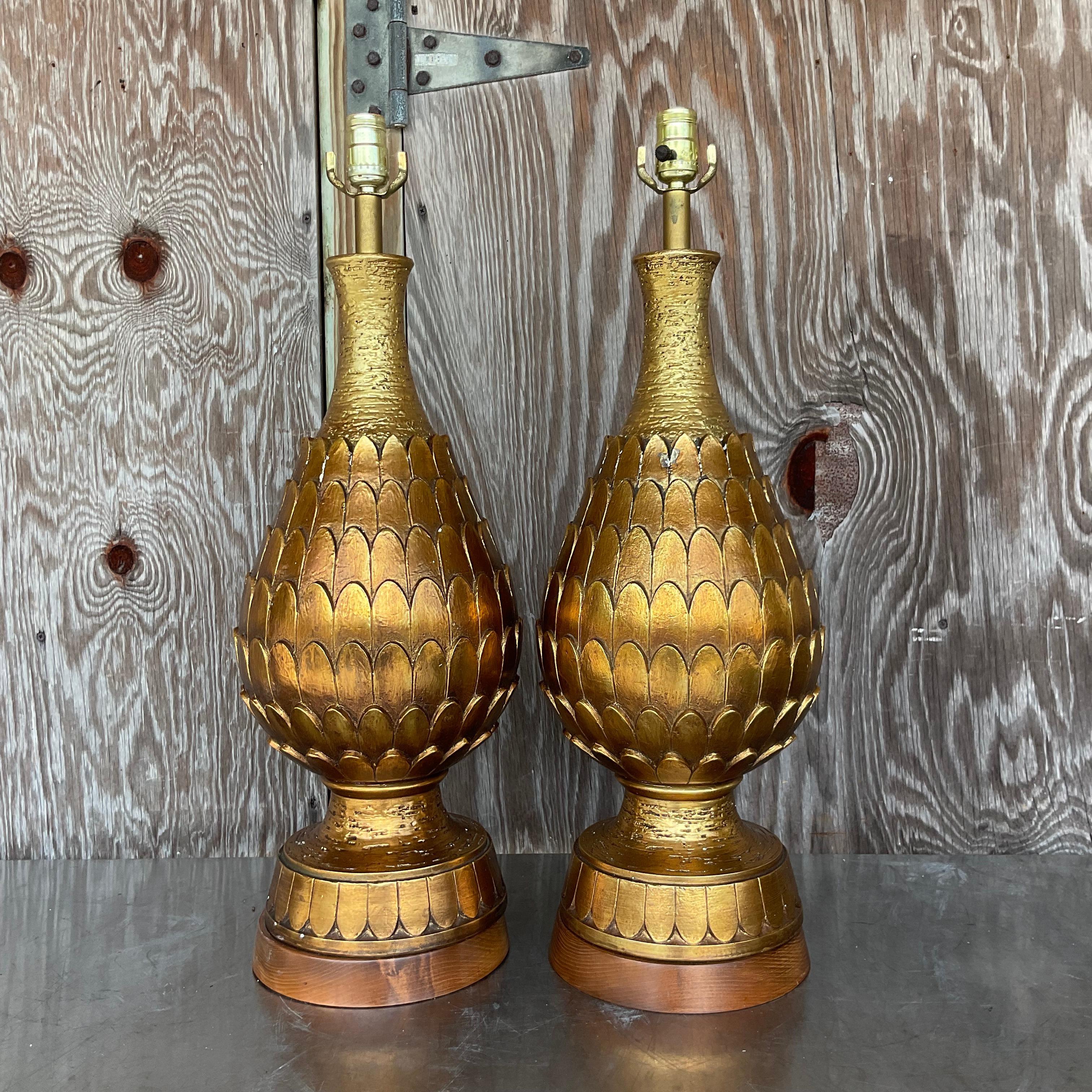 Vintage Regency Gilt Artichoke Lamps - a Pair 3