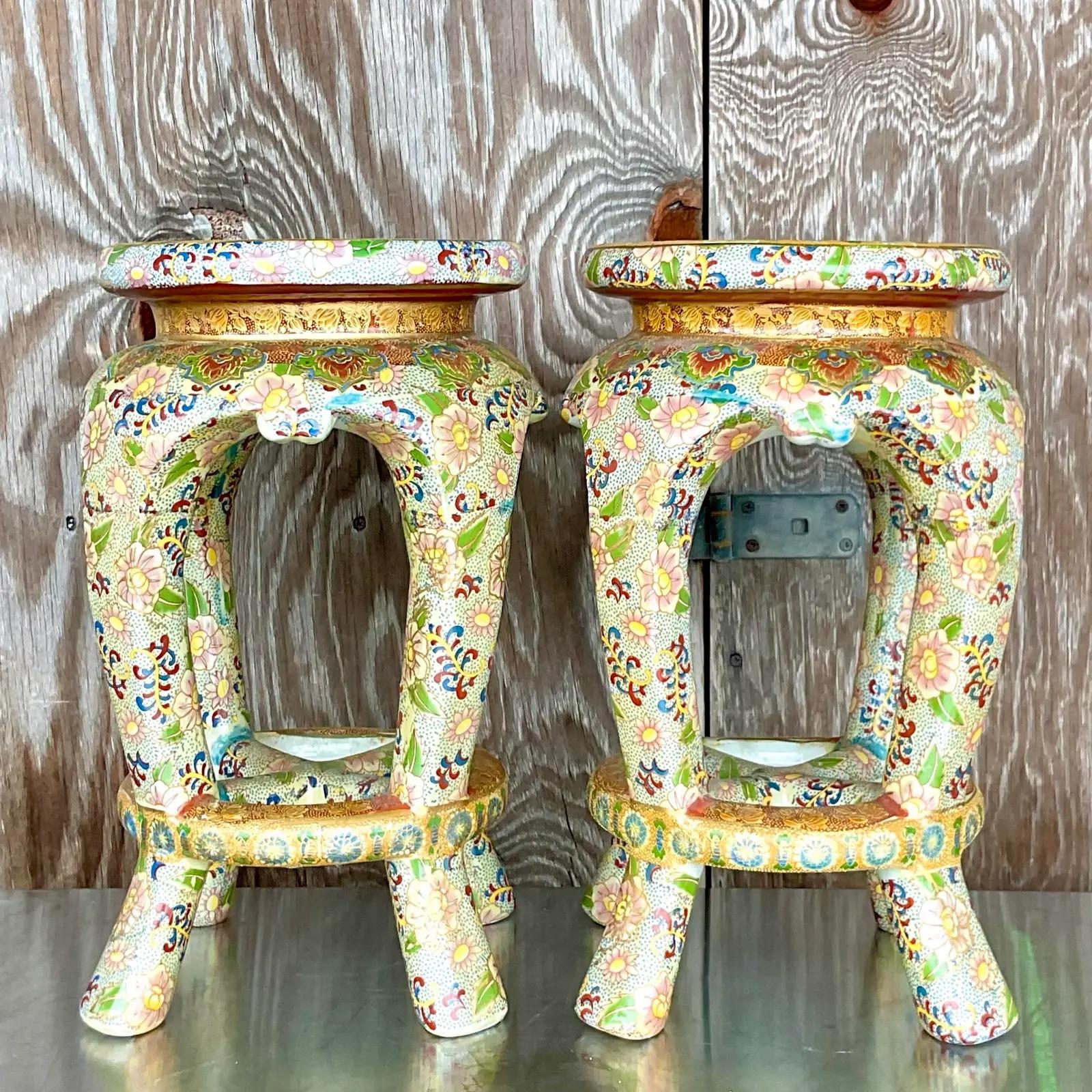 Vintage Regency Gilt Floral Ceramic Stools In Good Condition In west palm beach, FL