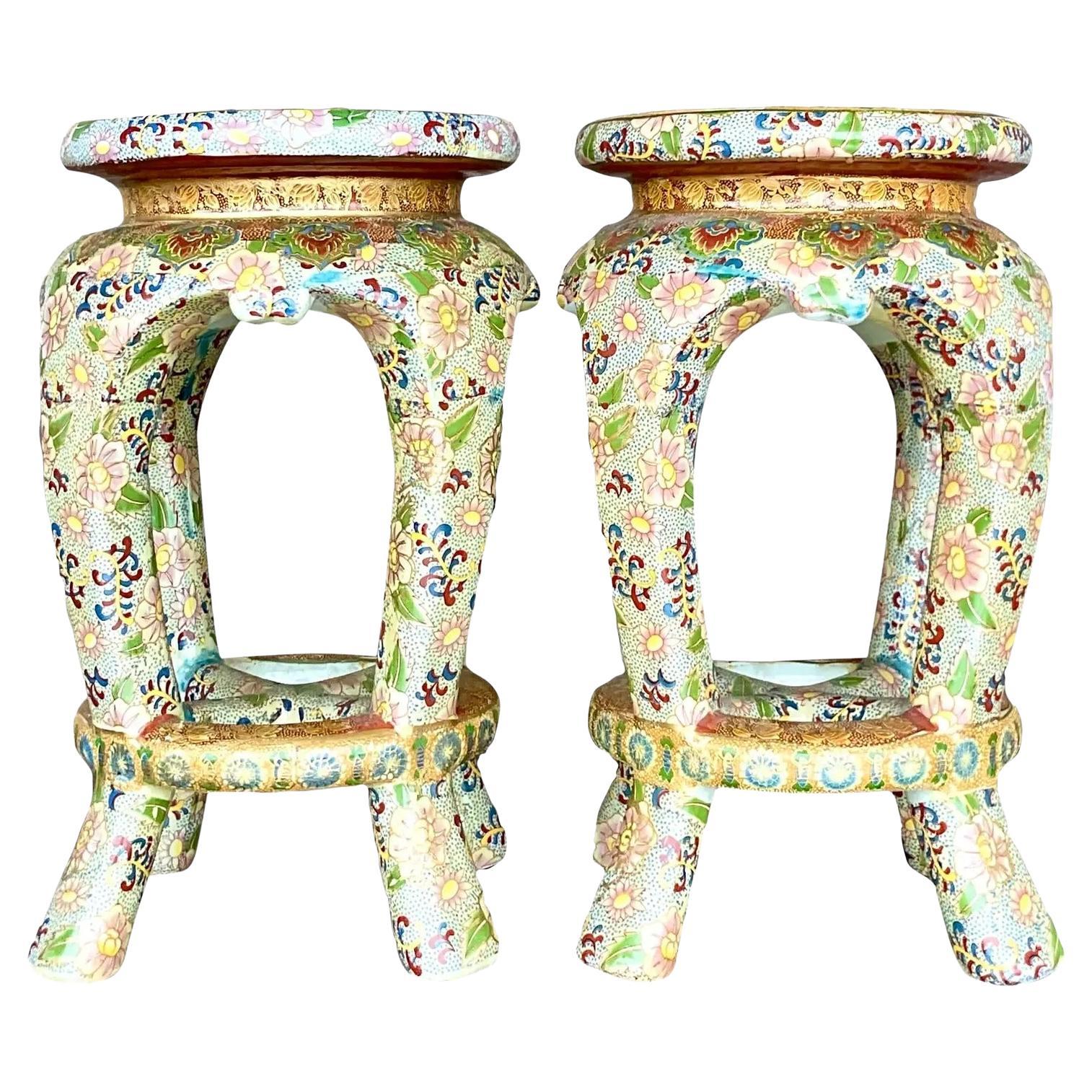 Vintage Regency Gilt Floral Ceramic Stools