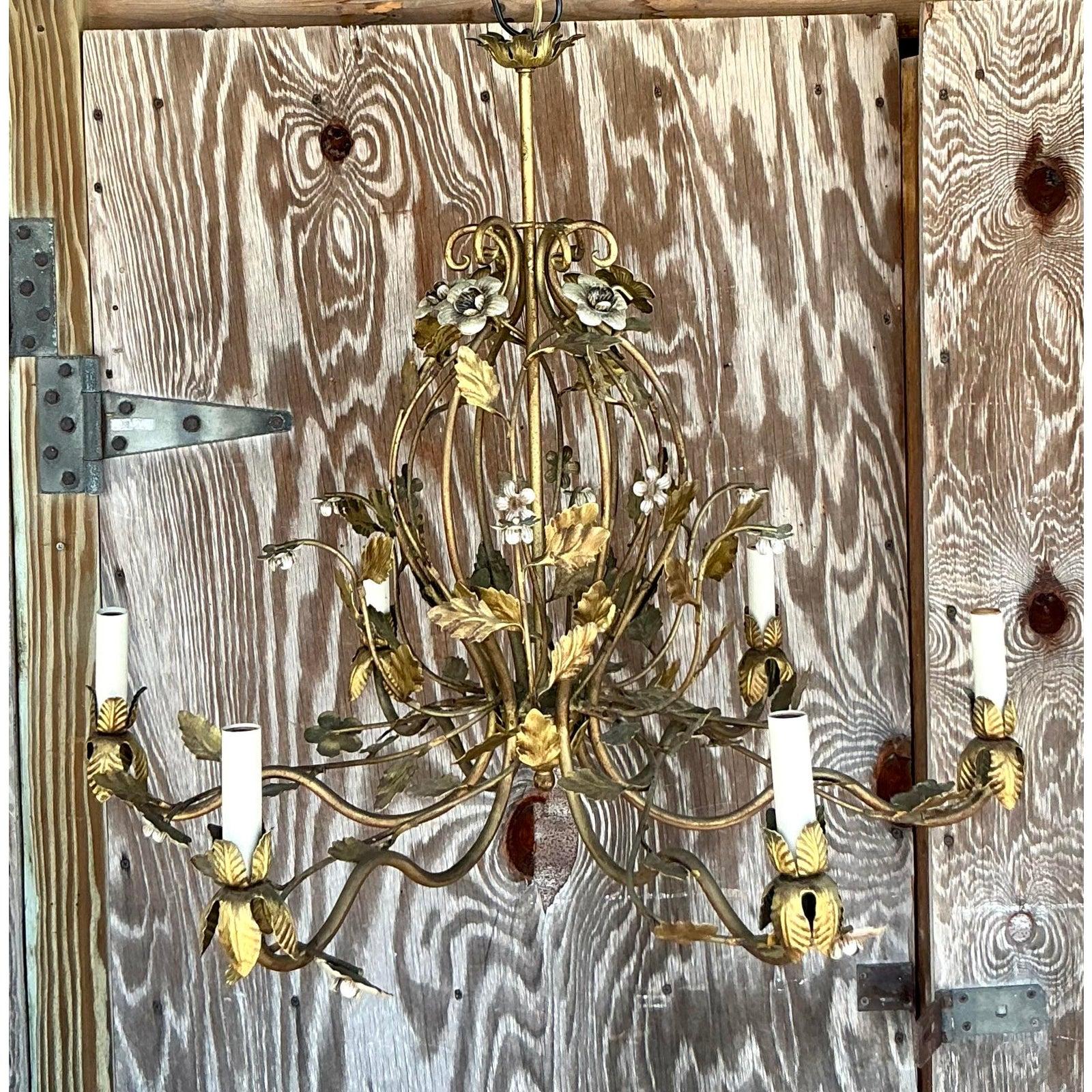 Hollywood Regency Vintage Regency Gilt Floral Chandelier For Sale