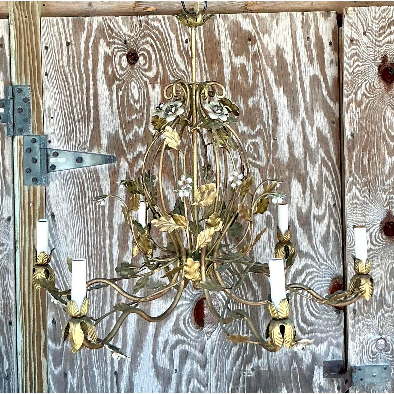 Vintage Regency Gilt Floral Chandelier In Good Condition For Sale In west palm beach, FL