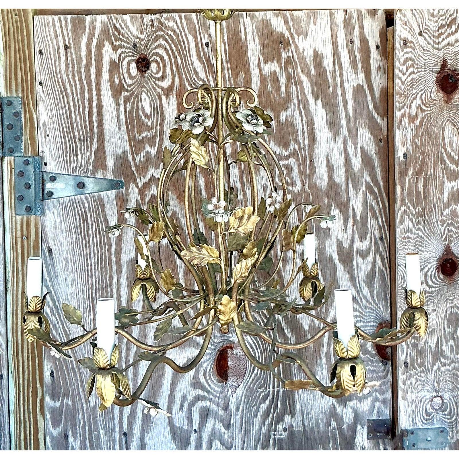 20th Century Vintage Regency Gilt Floral Chandelier For Sale