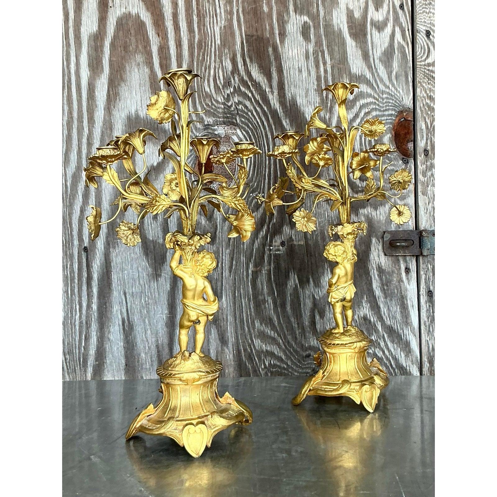 French Vintage Regency Gilt Floral Cherub Candelabras - A Pair For Sale