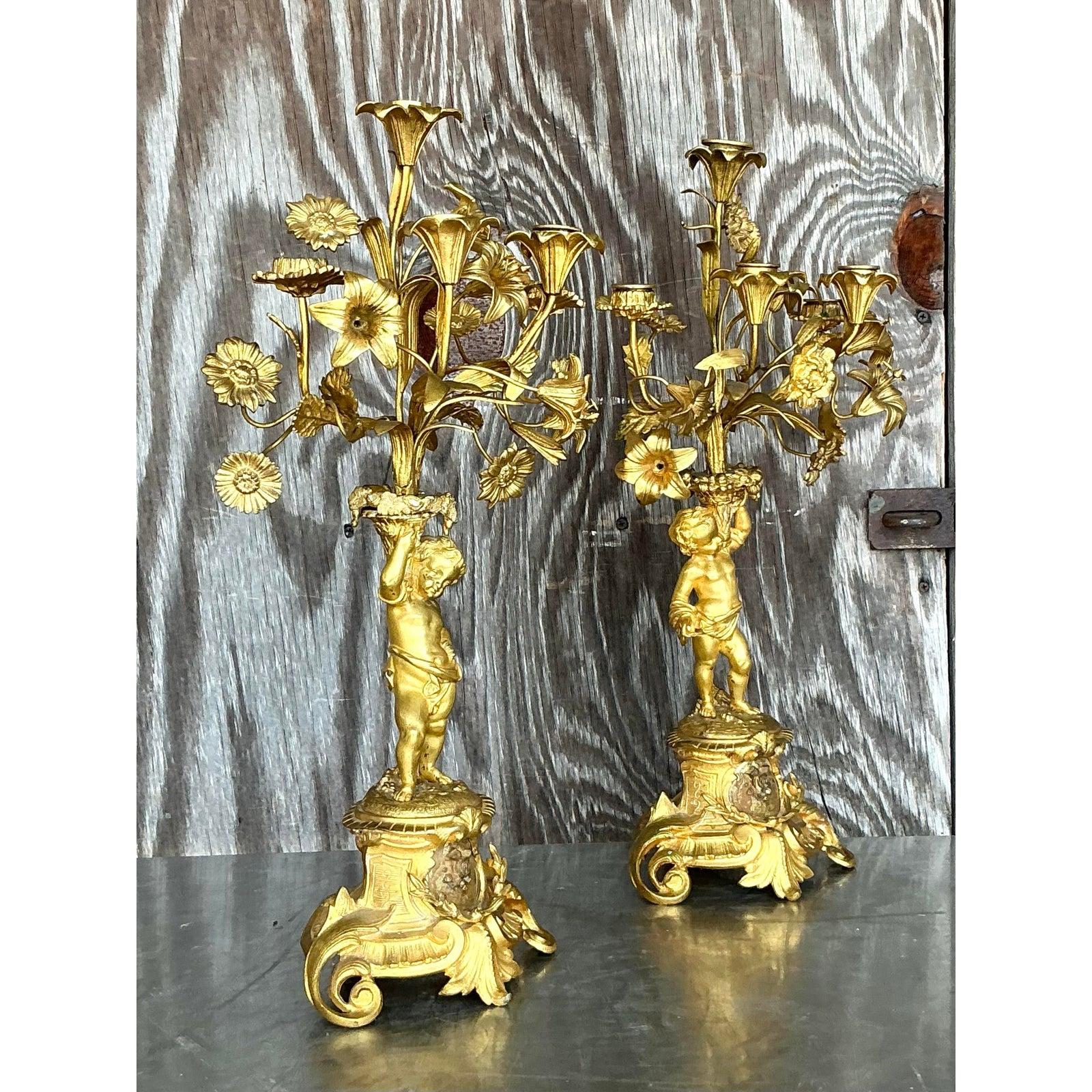 20th Century Vintage Regency Gilt Floral Cherub Candelabras - A Pair For Sale