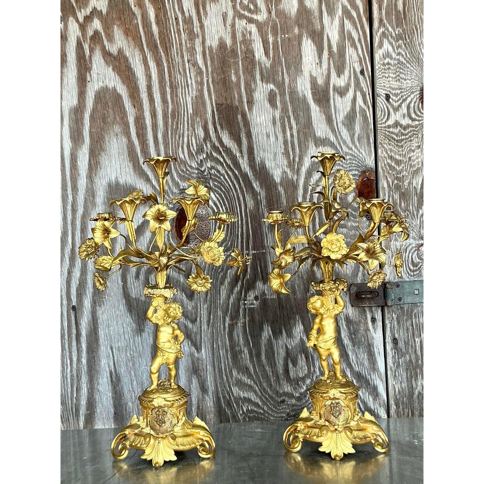 Brass Vintage Regency Gilt Floral Cherub Candelabras - A Pair For Sale