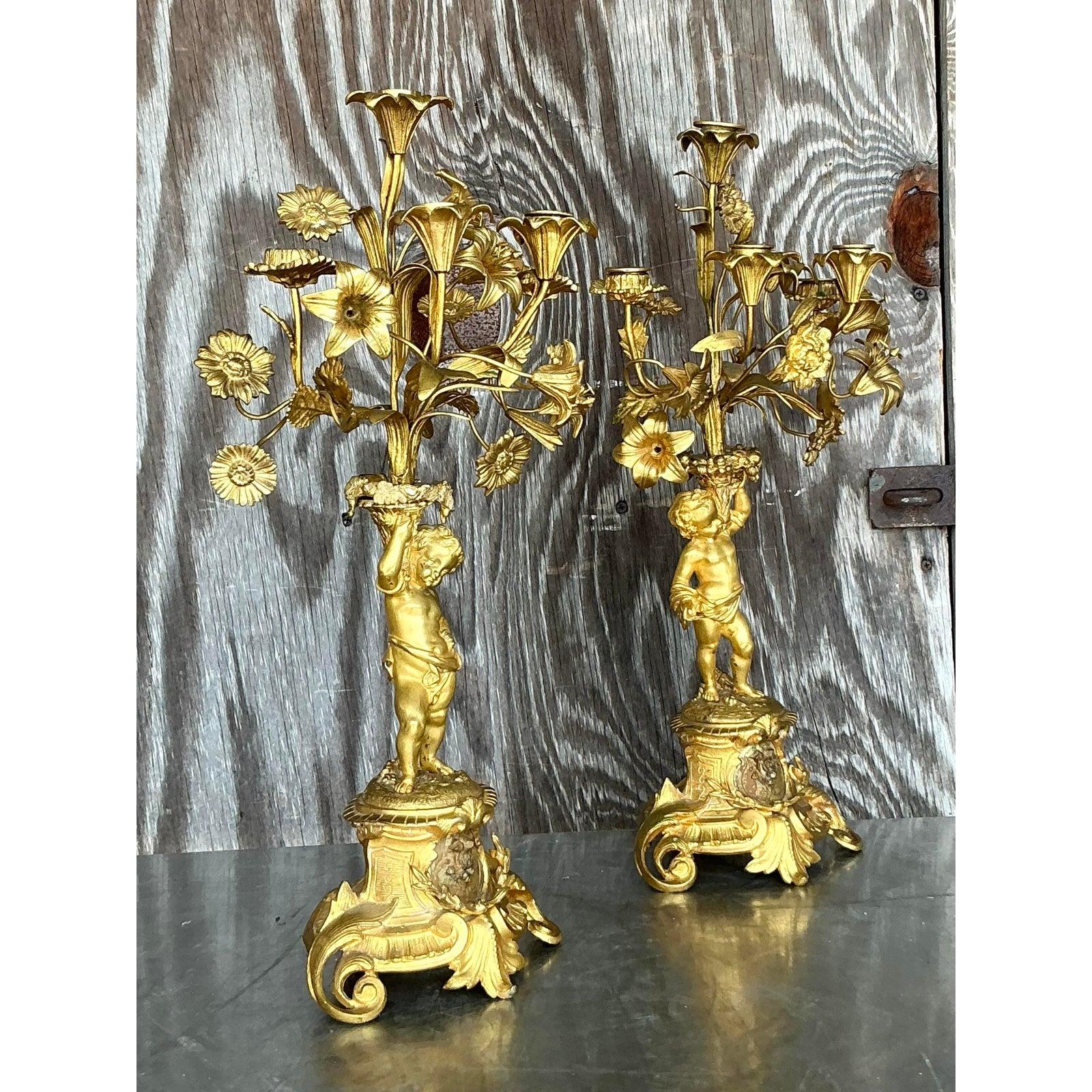 Vintage Regency Gilt Floral Cherub Candelabras - A Pair For Sale 3