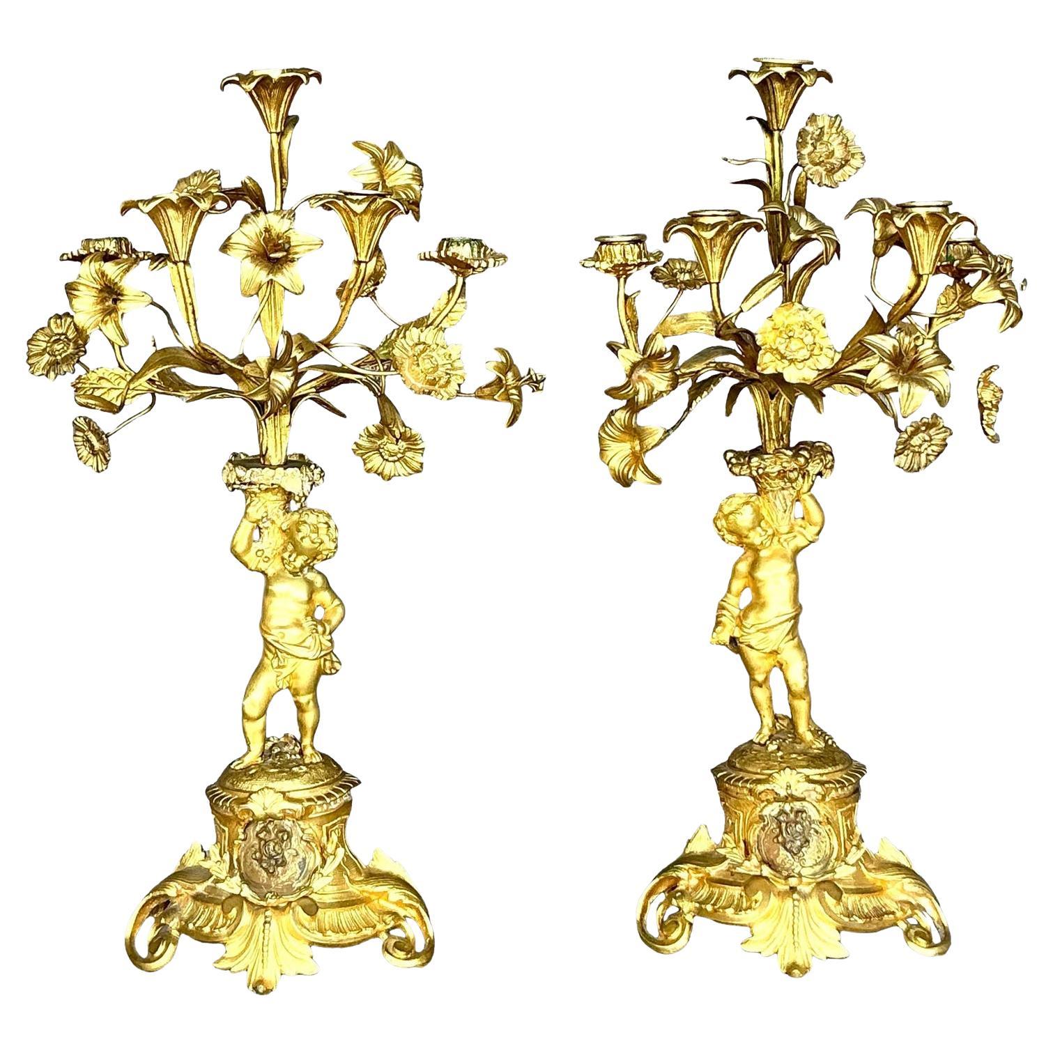 Vintage Regency Gilt Floral Cherub Candelabras - A Pair For Sale