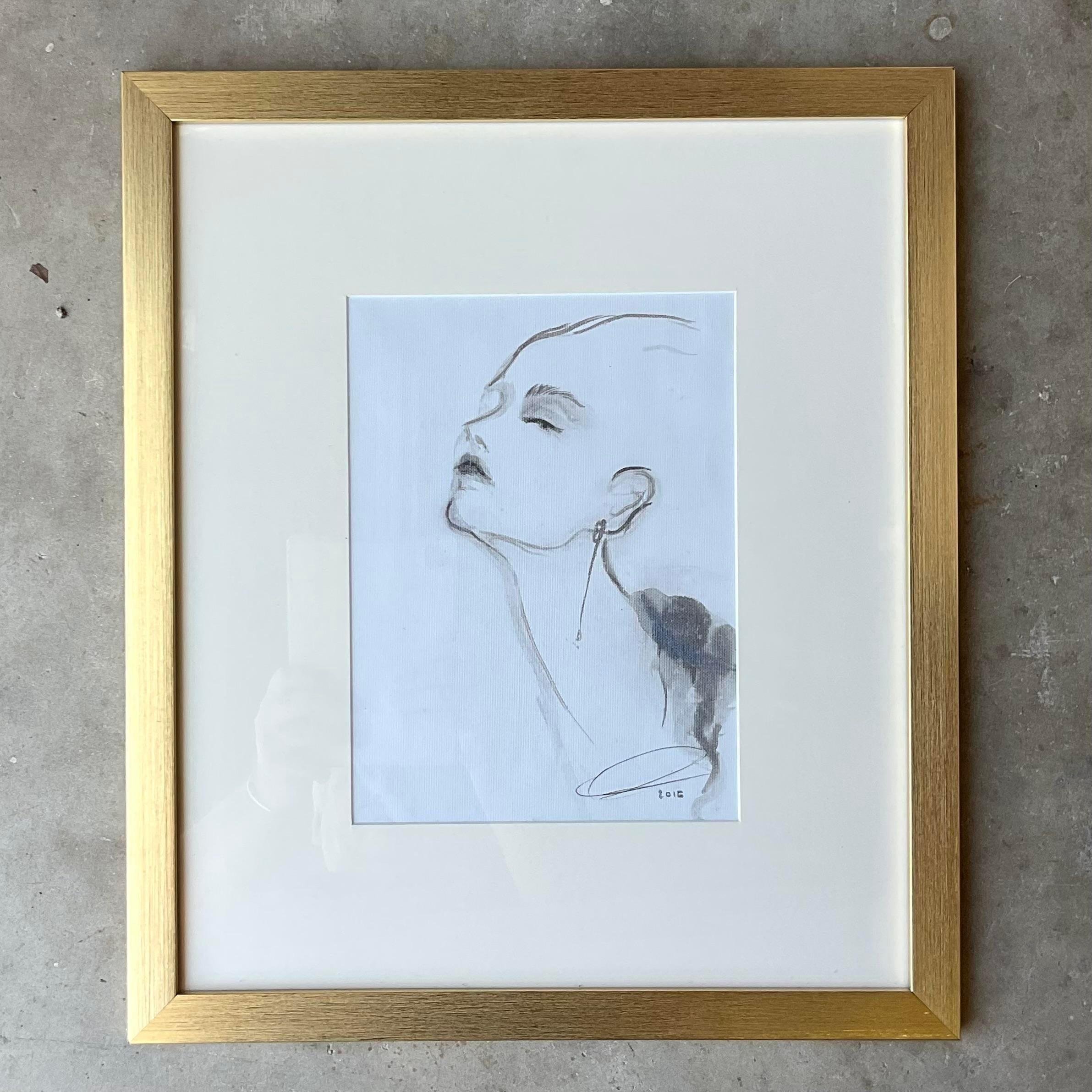 A stunning vintage Regency Original sketch of a woman. A beautiful composition of a model in profile. Signed and dated by the artist 2015. Acquired from a Palm Beach estate.
