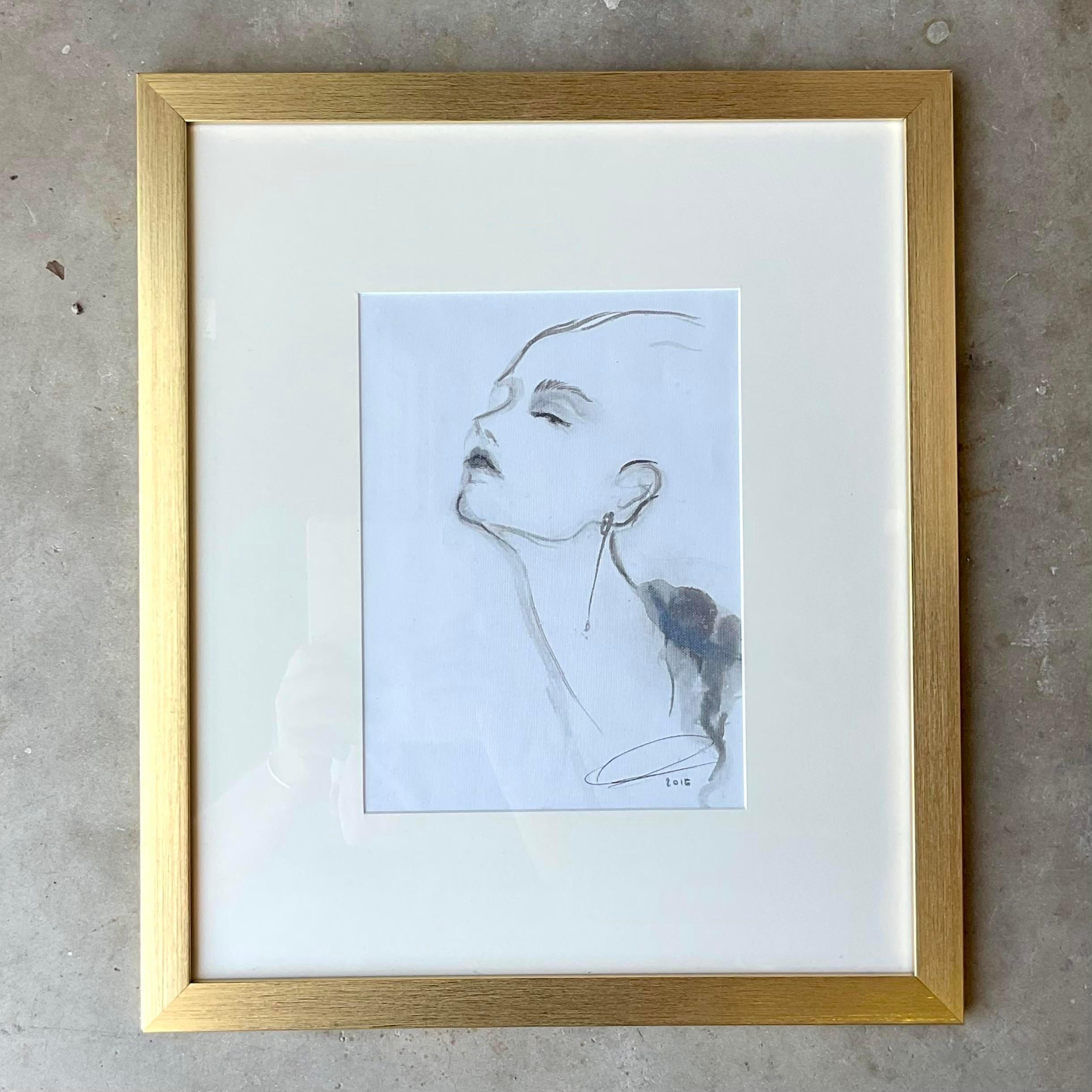 Vintage Regency Gilt Framed Signed Fashion Sketch of Woman In Good Condition For Sale In west palm beach, FL