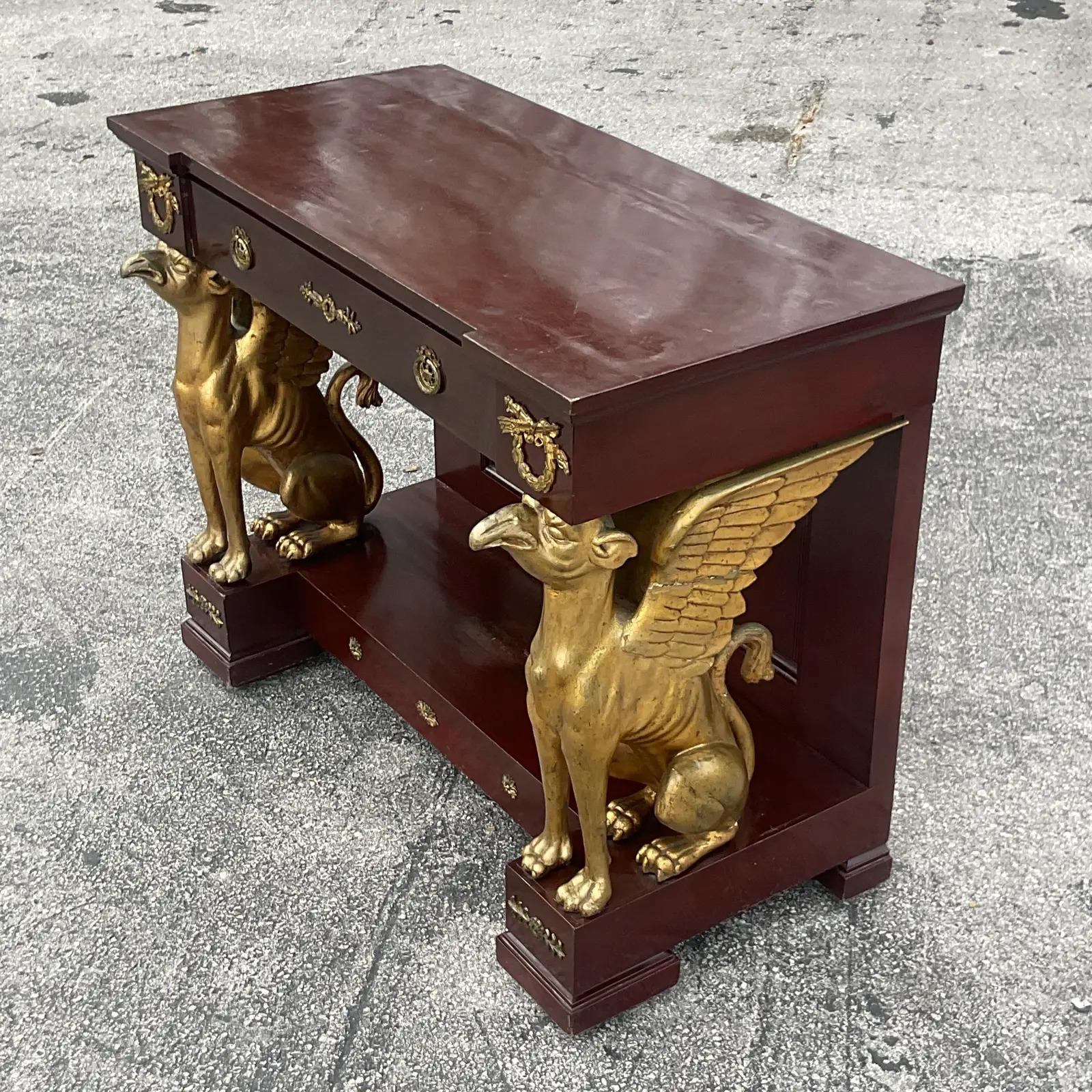 North American Vintage Regency Gilt Griffin Console Table For Sale