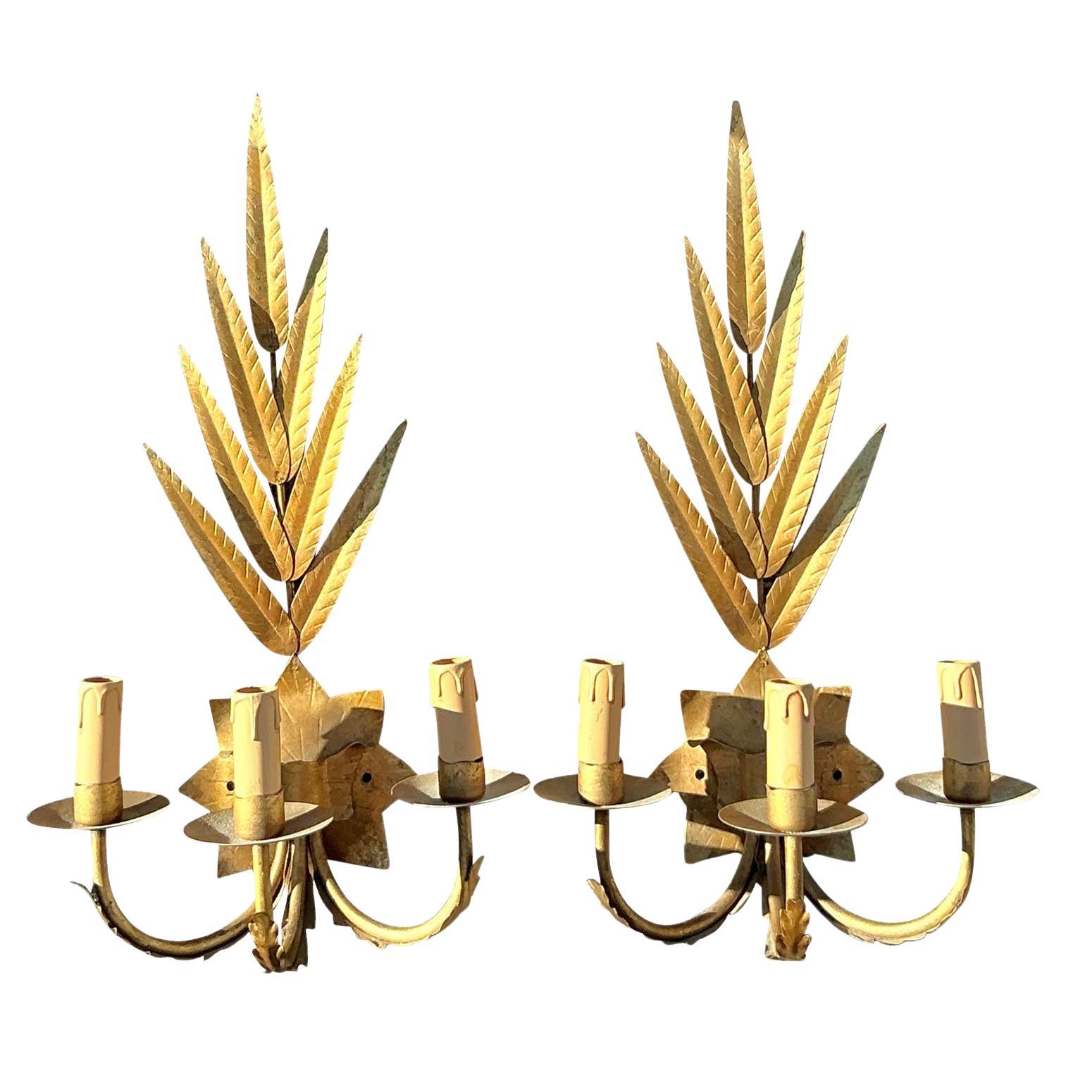 Vintage Regency Gilt Leaf Sconce - A Pair