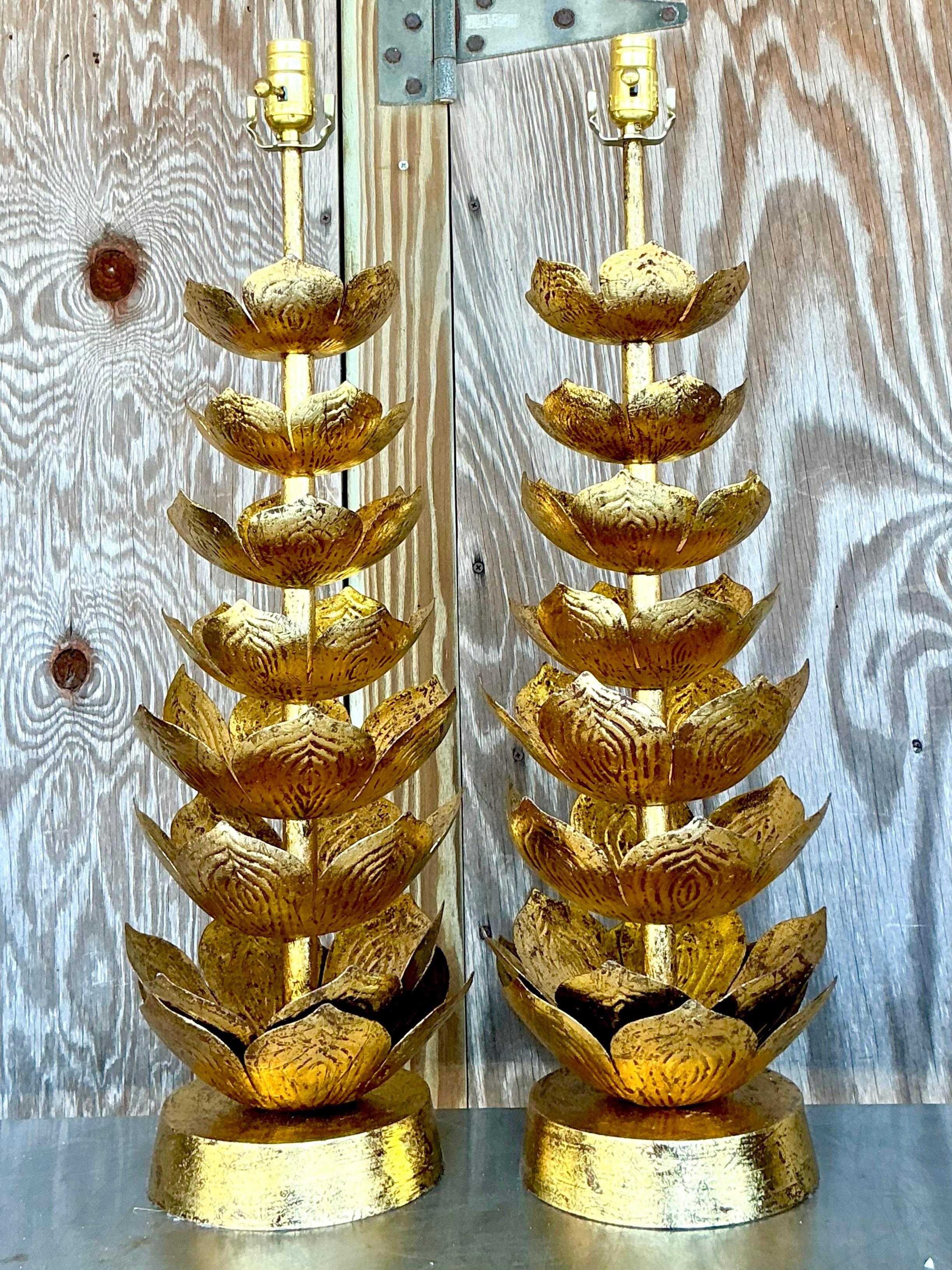 American Vintage Regency Gilt Lotus Blossom Lamps After Feldman- a Pair