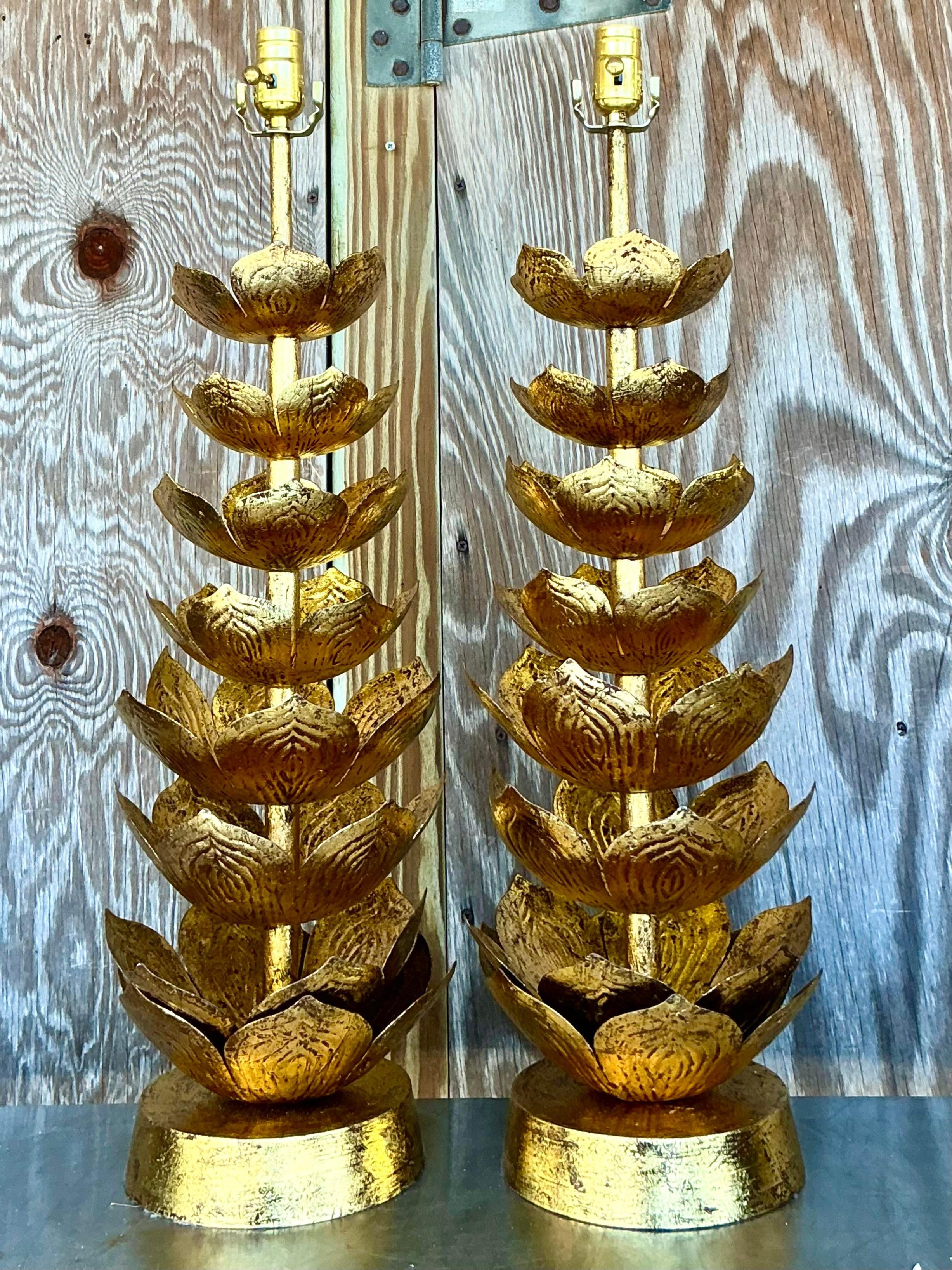 Vintage Regency Gilt Lotus Blossom Lamps After Feldman- a Pair In Good Condition In West Palm Beach, FL