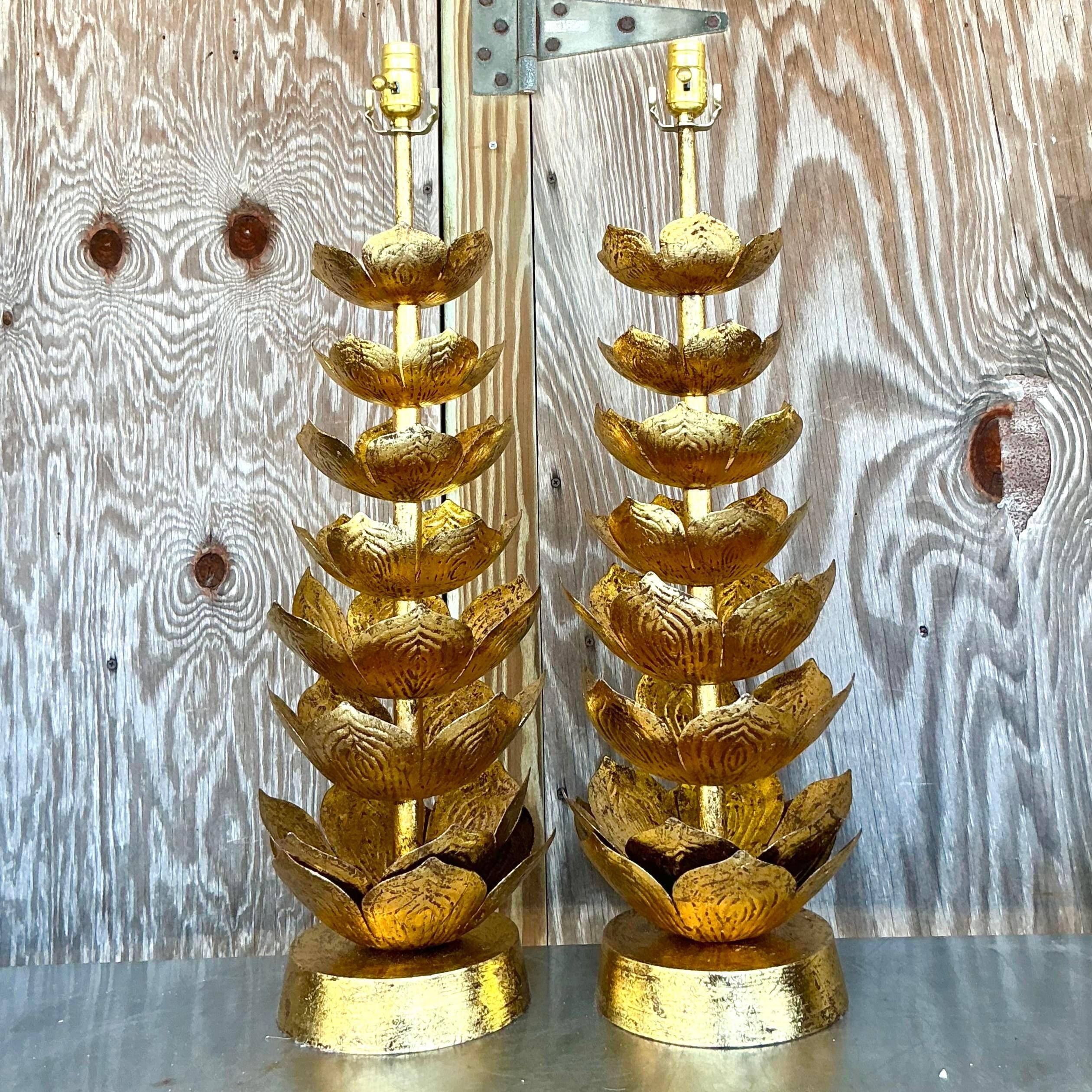 20th Century Vintage Regency Gilt Lotus Blossom Lamps After Feldman- a Pair