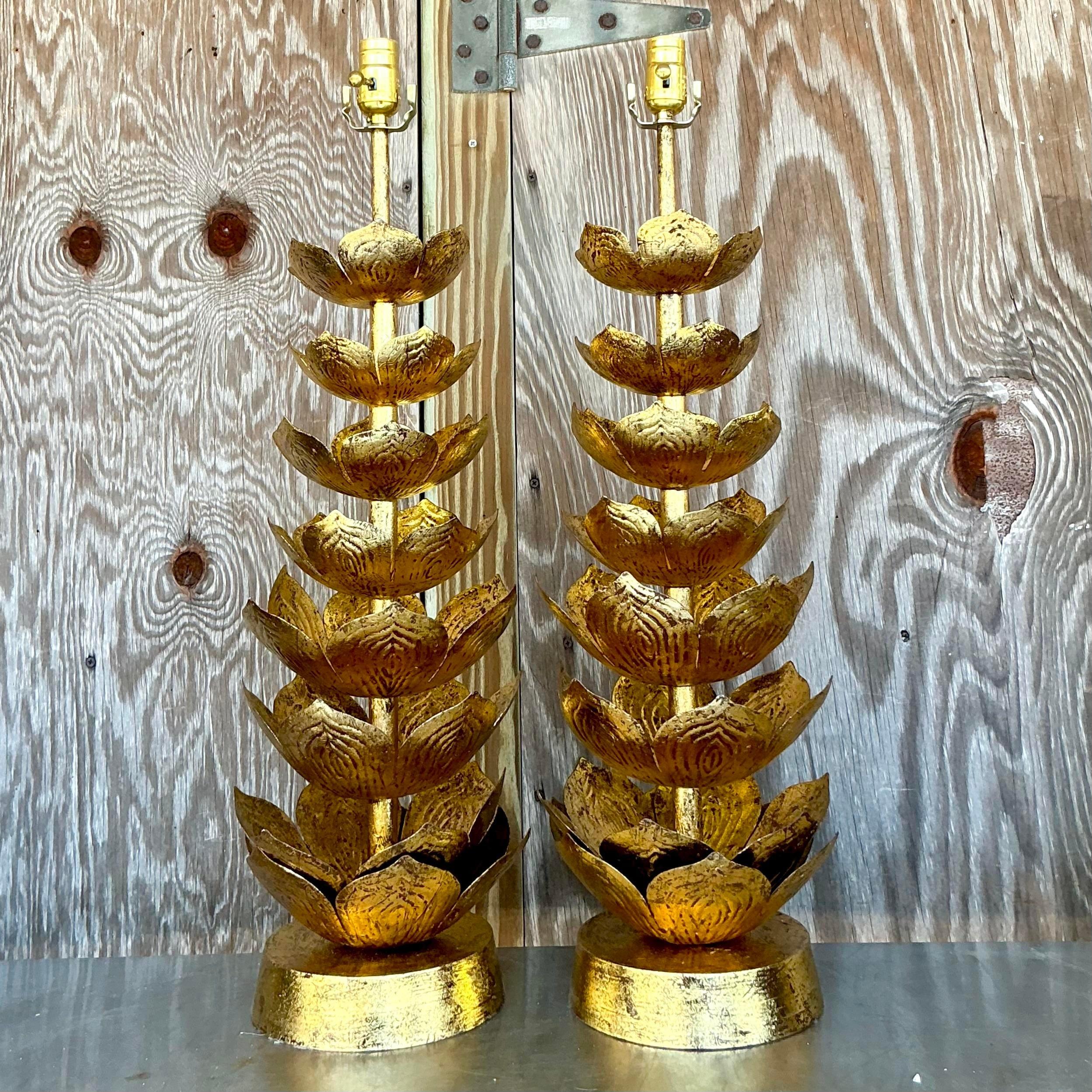 Vintage Regency Gilt Lotus Blossom Lamps After Feldman- a Pair 1