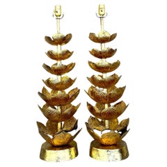 Vintage Regency Gilt Lotus Blossom Lamps After Feldman- a Pair