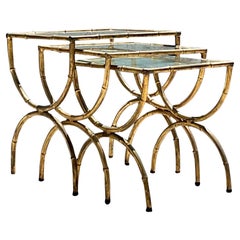 Vintage Regency Gilt Metal Bamboo Nesting Tables Set of 3