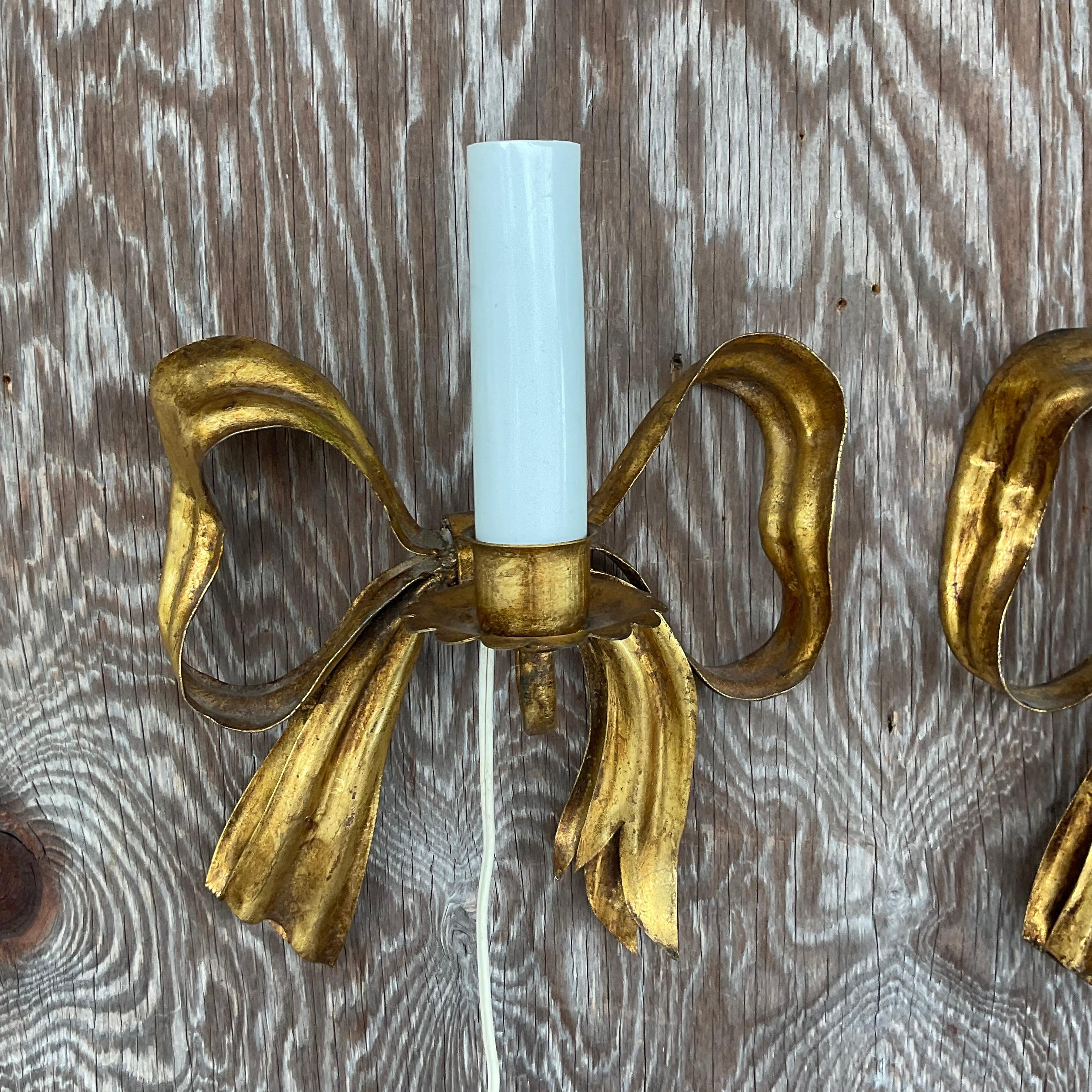 Vintage Regency Gilt Metal Bow Sconces - a Pair In Good Condition For Sale In west palm beach, FL