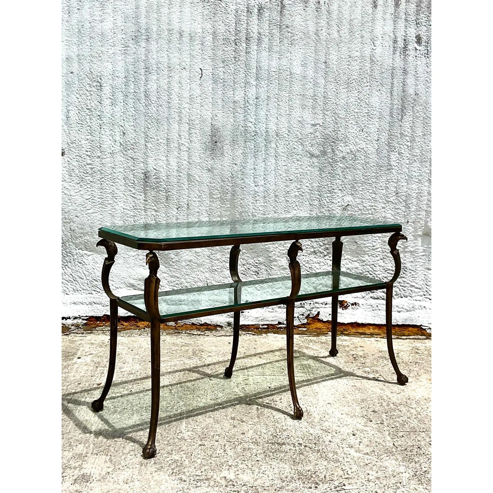 Vintage Regency Gilt Metal Phoenix Head Console Table In Good Condition For Sale In west palm beach, FL